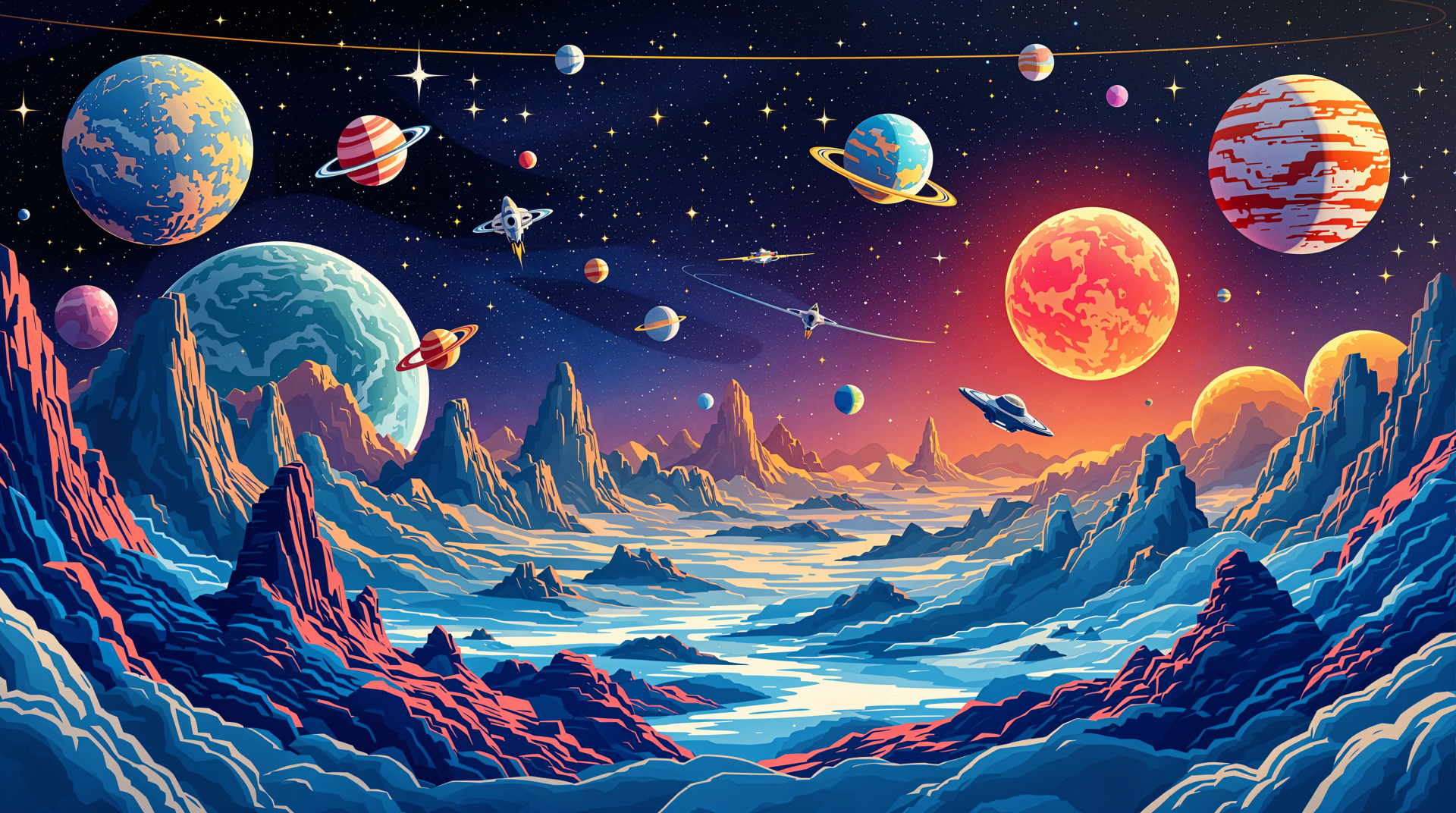 A stunning sci-fi planet scene featuring vibrant planets, mountains, and clouds, rendered in 4K Ultra HD for an immersive desktop wallpaper experience.