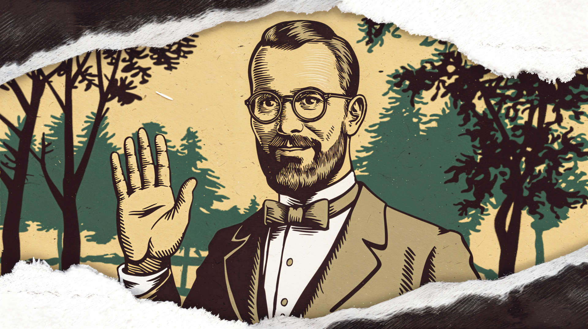 A vintage illustration of a bearded man in a suit waving, surrounded by trees, presented as a 4K Ultra HD desktop wallpaper and background.