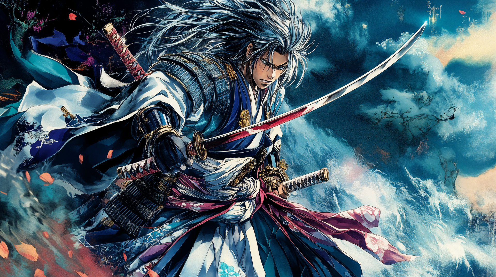 A striking anime samurai stands poised with a sword, surrounded by a dramatic sky. This vibrant 4K Ultra HD wallpaper showcases intricate details and dynamic colors.
