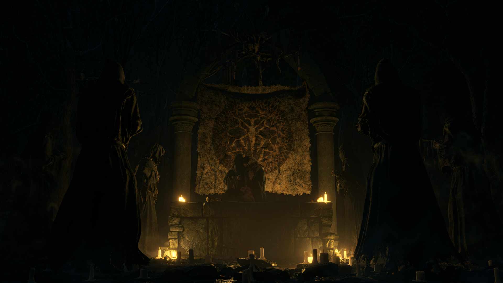 Dark, atmospheric 4K Ultra HD PC wallpaper from Resident Evil 4 (2023), showcasing a sinister chamber with eerie statues and dim candlelight from the video game.
