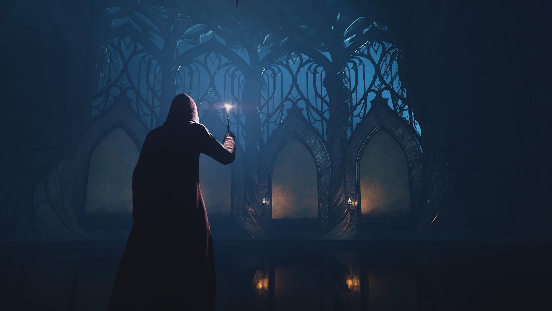 A mysterious figure casts a spell in a dark, enchanted room adorned with intricate architecture, capturing the magical essence of Hogwarts Legacy in stunning 4K Ultra HD.
