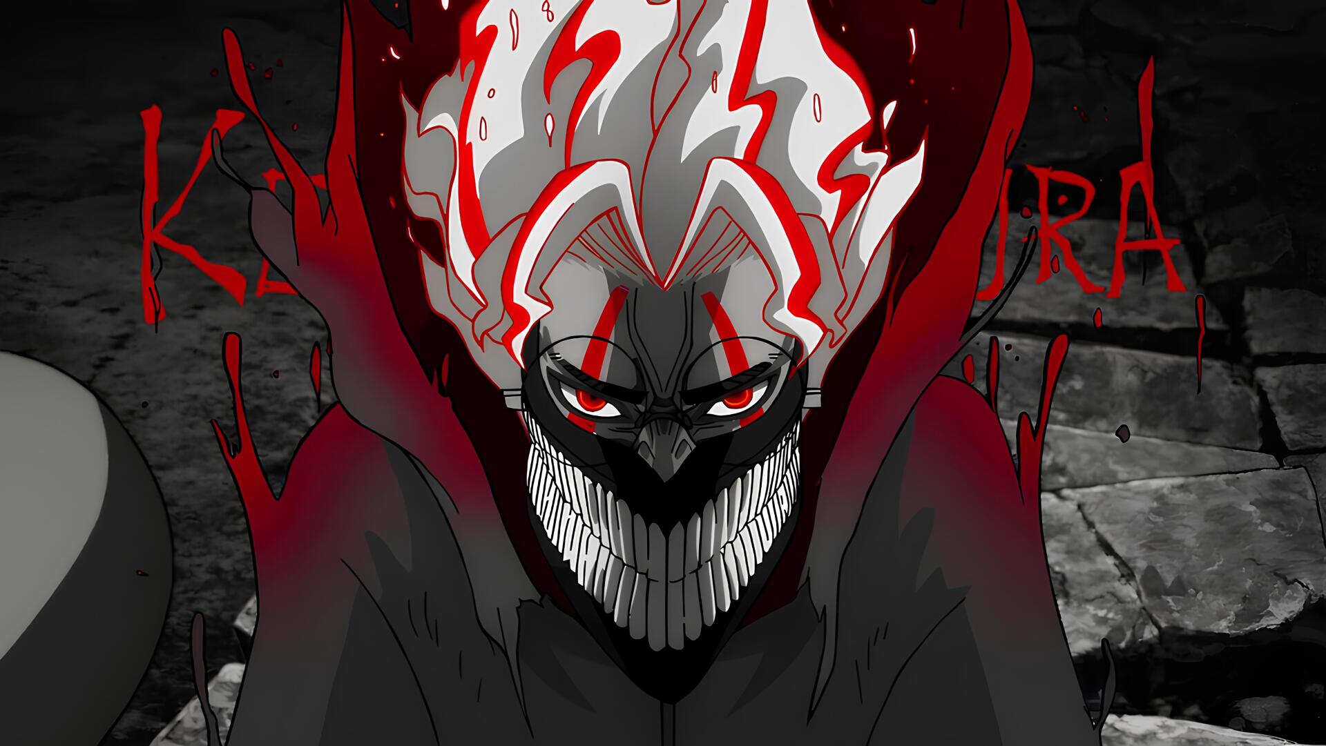 A 4K Ultra HD anime wallpaper from Dandadan featuring a menacing character with glowing red eyes, sharp teeth, and fiery white-and-red hair in an aesthetic style.