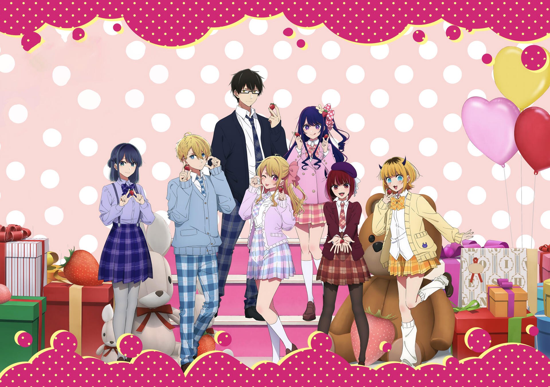 Anime characters from Oshi no Ko pose in vibrant outfits against a pink polka-dot backdrop with heart-shaped balloons, presented in 8K Ultra HD for PC desktop wallpaper.