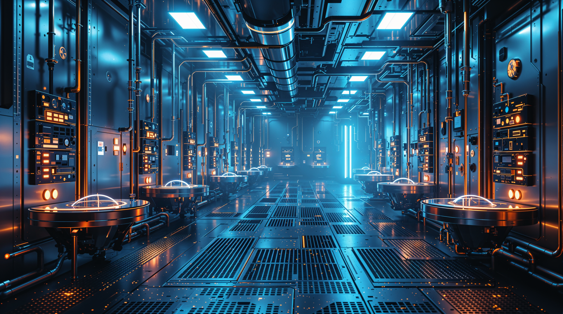 A futuristic cloning facility featuring sleek metallic surfaces, illuminated by blue and orange lights, showcasing advanced technology in a visually striking 4K Ultra HD format.