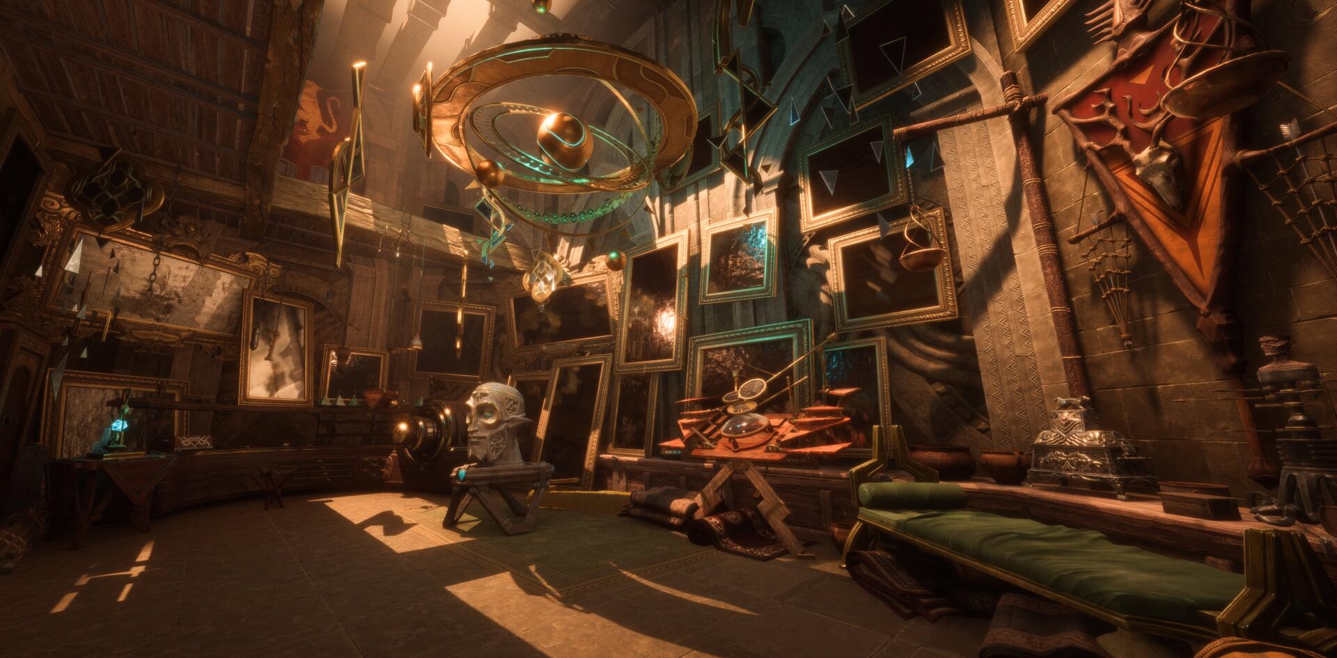 A vibrant HD wallpaper from the video game Dragon Age: The Veilguard, showcasing a detailed interior with unique artifacts and framed images, creating an immersive atmosphere.