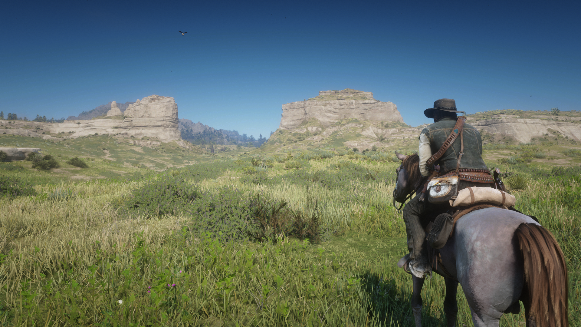 A serene landscape from *Red Dead Redemption 2*, showcasing a character on horseback, surrounded by lush greenery and rocky formations under a clear blue sky. Ideal HD wallpaper for gamers.