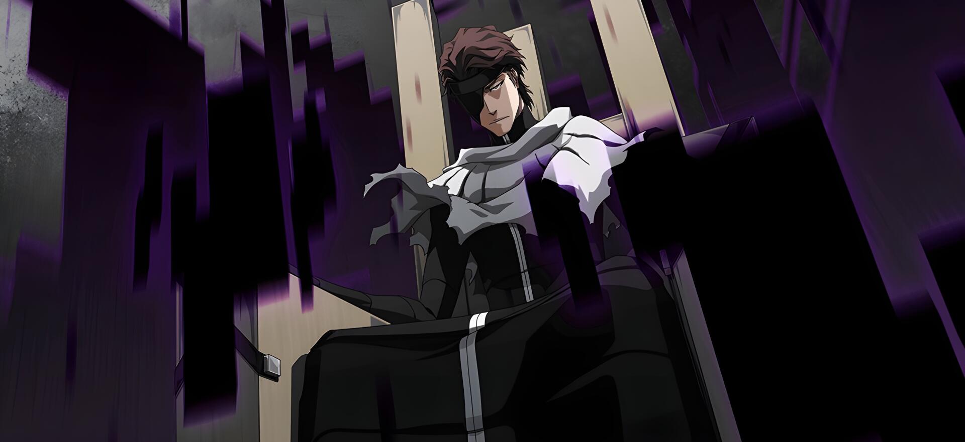 HD PC desktop wallpaper featuring Sōsuke Aizen from Bleach, seated confidently with dark, dramatic shadows and a mysterious atmosphere.