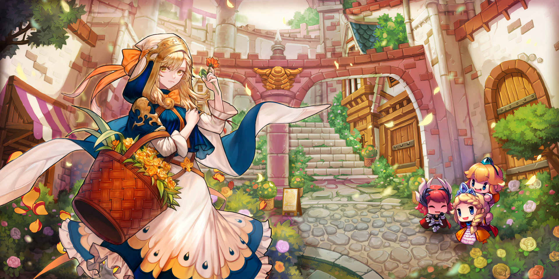 A vibrant HD image from the video game Guardian Tales, featuring a character with a basket in a colorful, enchanting setting with flowers and charming architecture.