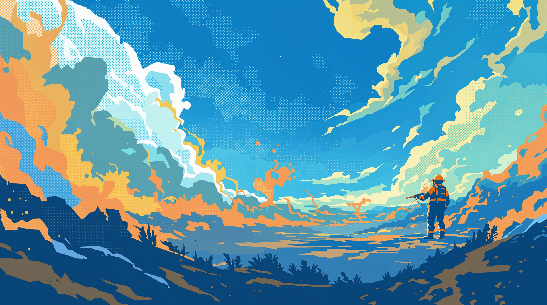 A vibrant 4K Ultra HD desktop wallpaper featuring a dramatic sky filled with colorful clouds and a lone figure standing amidst a serene landscape.
