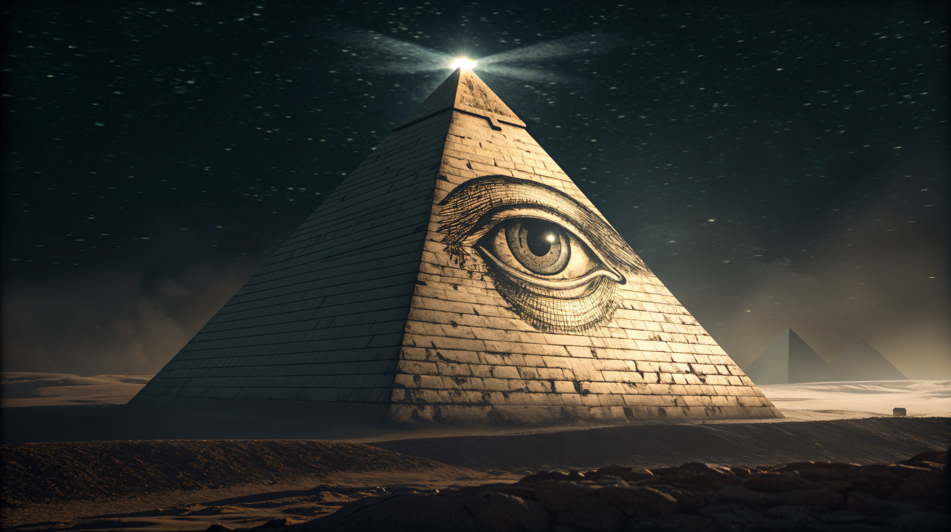 4K Ultra HD wallpaper of an ancient Egyptian pyramid illuminated at night, featuring the iconic Illuminati eye symbol prominently on its side.