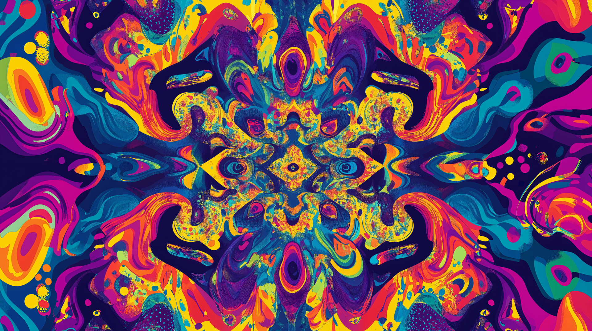 A vibrant abstract pattern featuring swirling colors of purple, yellow, and blue, creating a trippy, kaleidoscopic effect, suitable as a 4K Ultra HD desktop wallpaper.