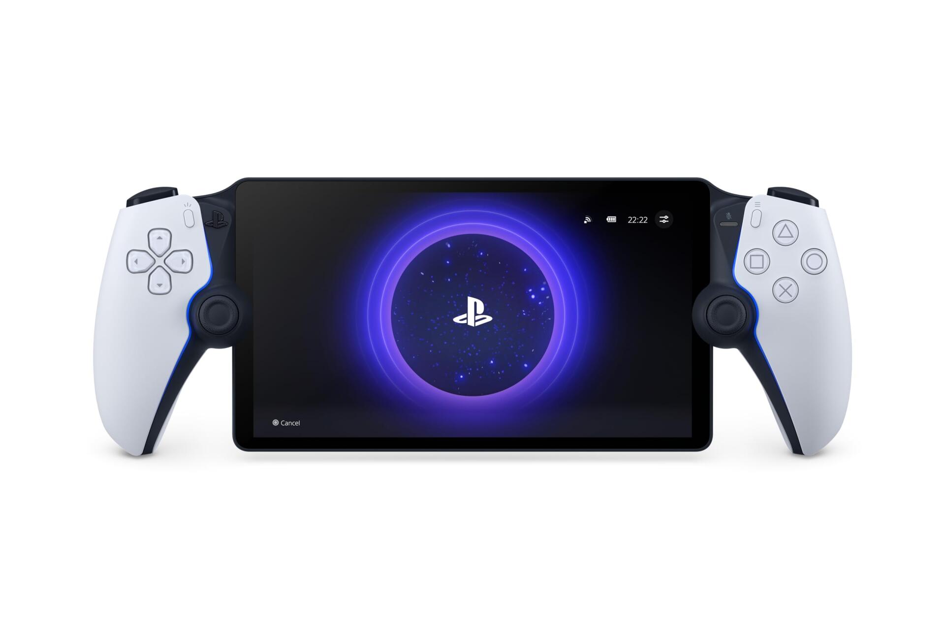 A sleek PlayStation Portal featuring a PlayStation 5 controller, set against a vivid HD desktop wallpaper background.