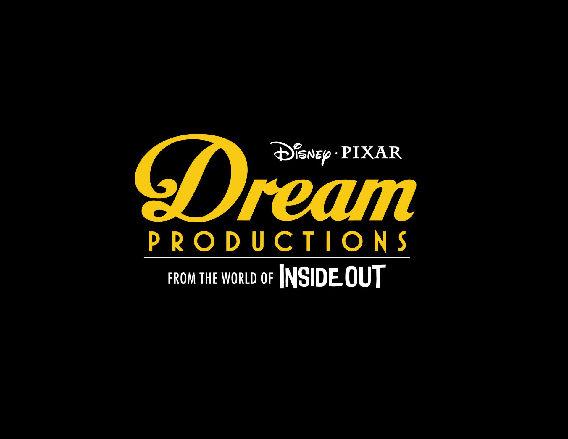 Logo of Dream Productions, featuring bold yellow text, from the world of Inside Out, set against a black background. High-definition PC desktop wallpaper for movie enthusiasts.