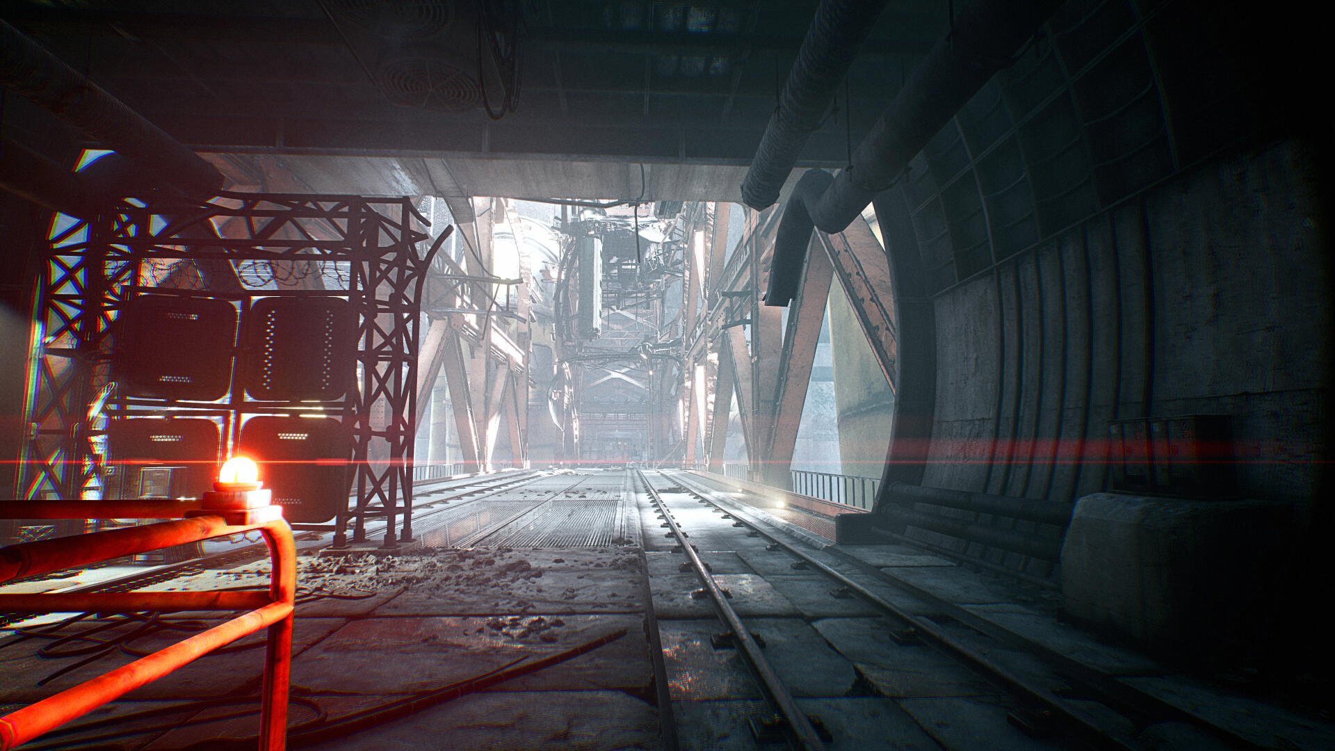 A stunning 4K Ultra HD desktop wallpaper from the video game Stellar Blade, featuring a dramatic, atmospheric environment with industrial structures and soft lighting.