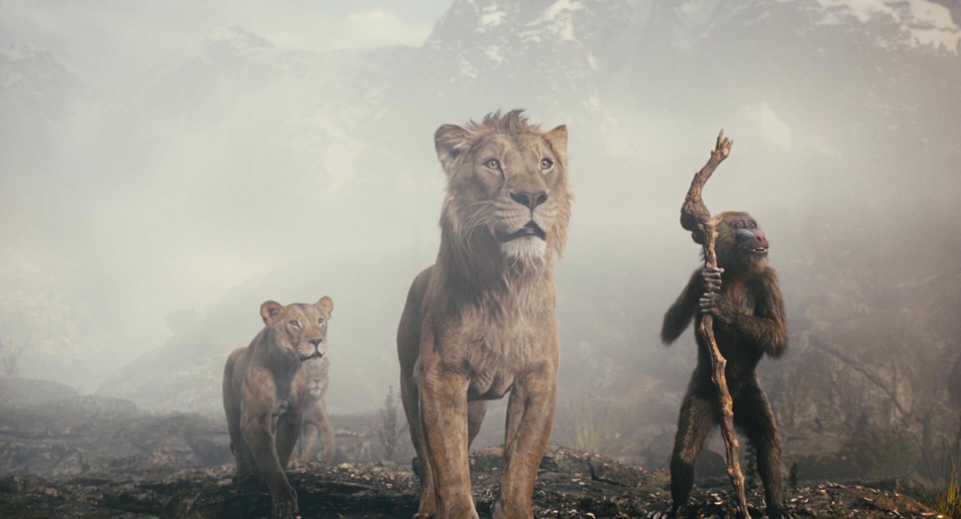 A scene from Mufasa: The Lion King, featuring a majestic lion, a young cub, and a figure with a staff in a misty landscape, set as a high-definition PC desktop wallpaper.