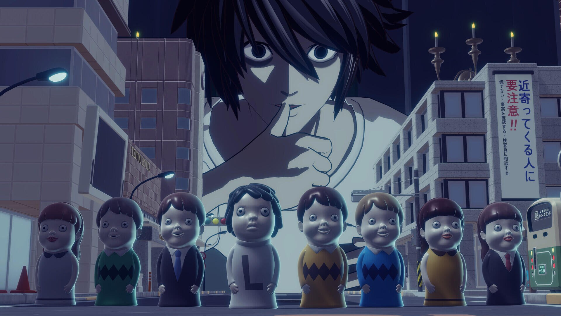 An HD desktop wallpaper featuring L from Death Note: Killer Within, overseeing a group of stylized characters, capturing the suspenseful essence of the video game.