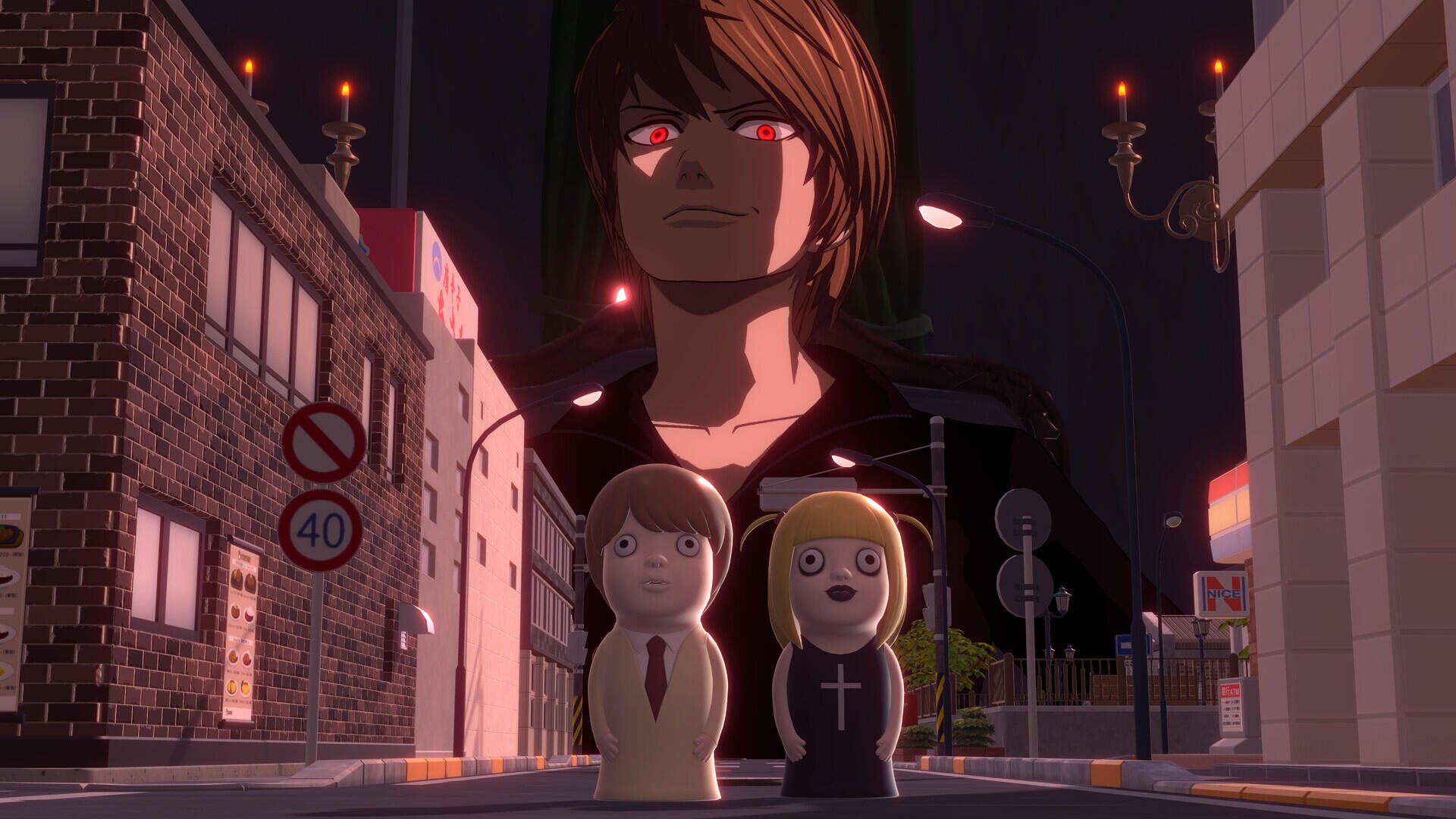 HD wallpaper featuring Light Yagami from the video game Death Note: Killer Within, set against a dark urban backdrop with stylized characters in the foreground.