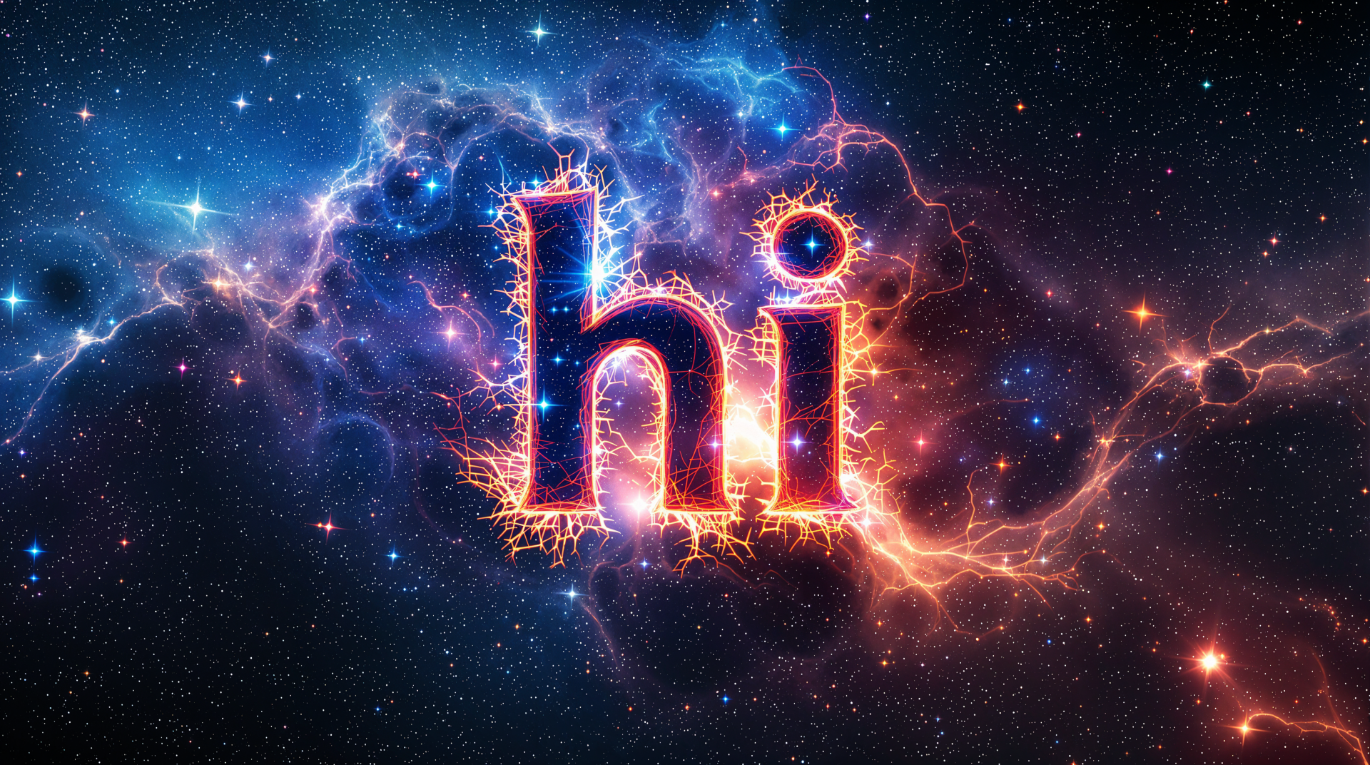 A vibrant 4K Ultra HD desktop wallpaper featuring the word hi surrounded by a stunning cosmic background filled with colorful stars and glowing nebulae.