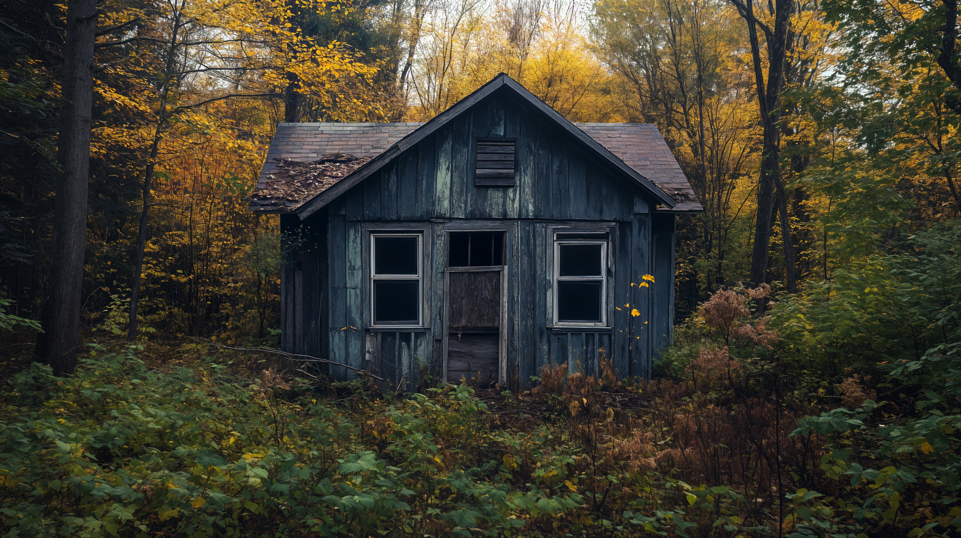 An abandoned building stands in a forest surrounded by autumn foliage, captured in stunning 4K Ultra HD, offering a hauntingly beautiful desktop wallpaper.