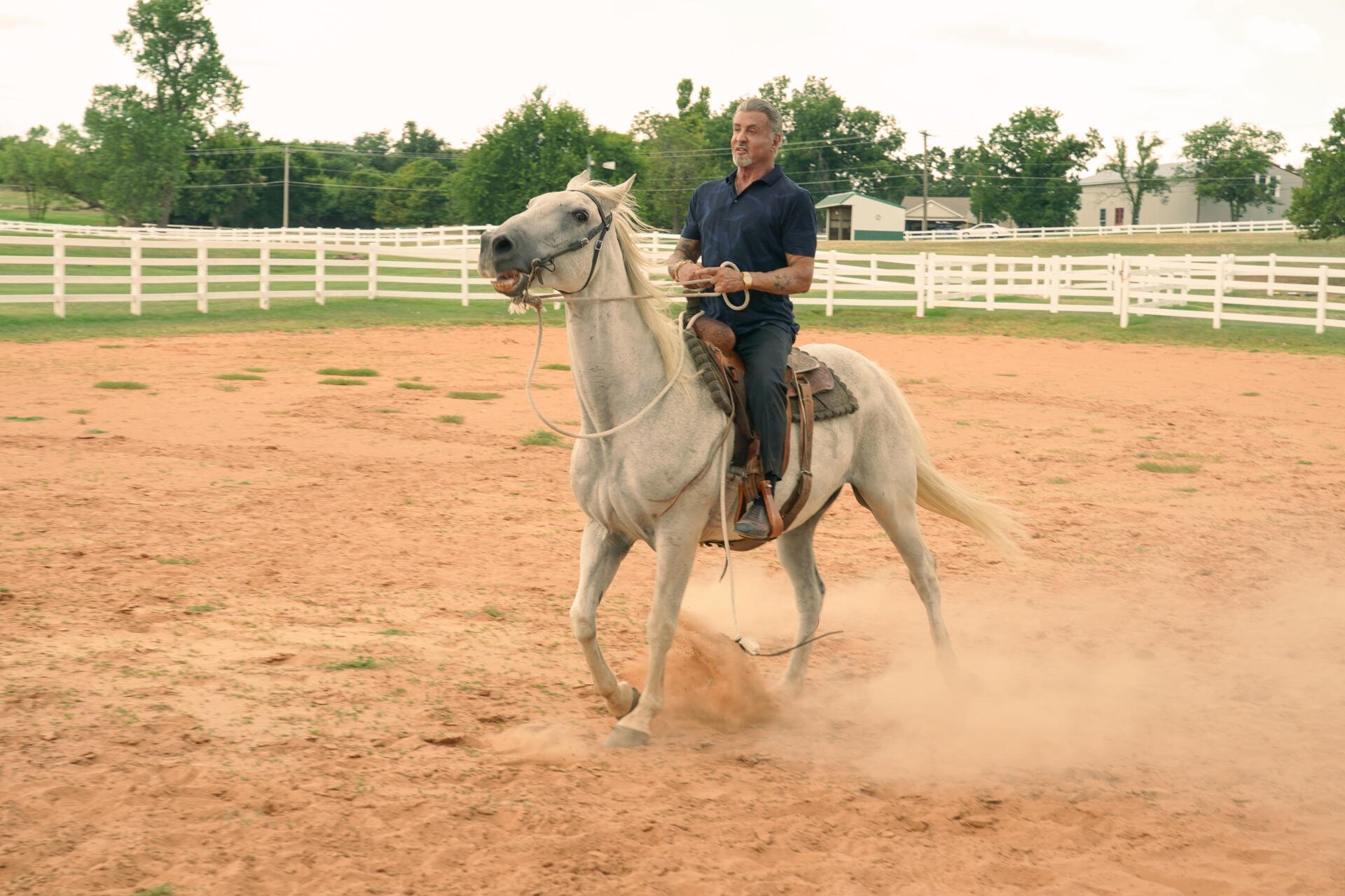 A scene from the TV show Tulsa King, featuring Sylvester Stallone riding a white horse in a dusty arena, set against a backdrop of green trees and a white fence.