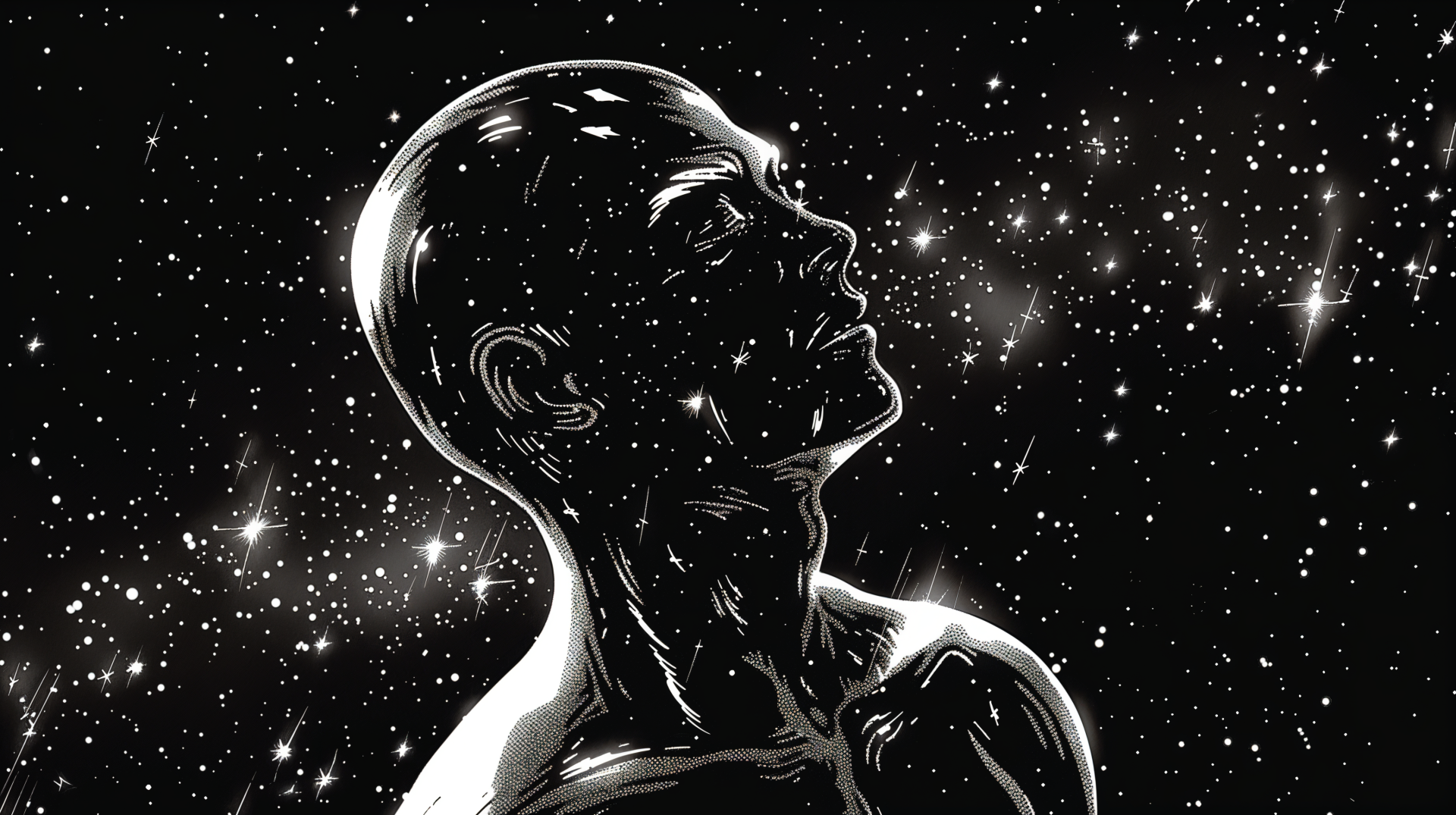 Artistic 4K Ultra HD wallpaper depicting a reflective man’s silhouette intertwined with stars, symbolizing humanity and soul in the vastness of space.