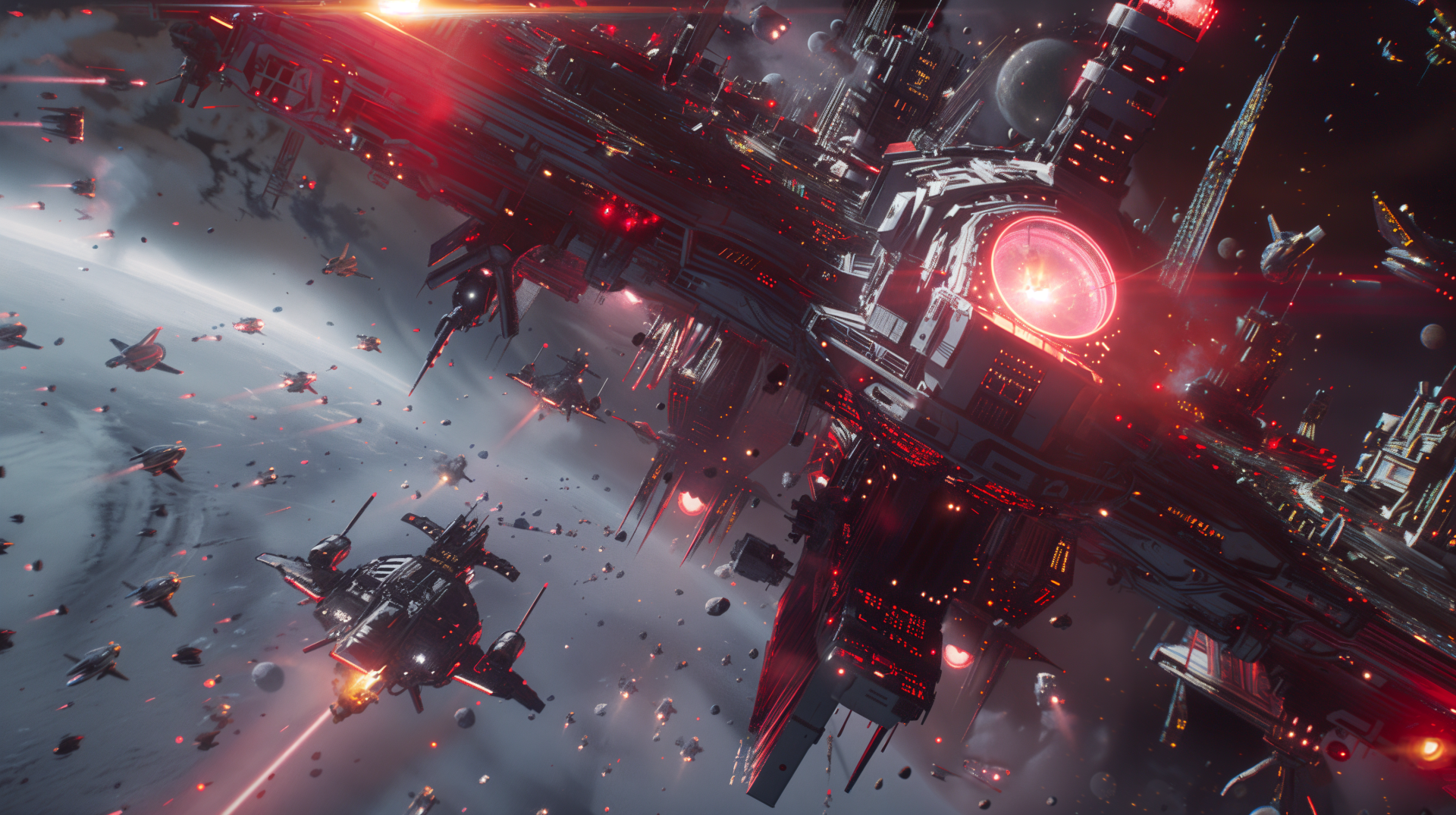 A dynamic spaceship battle unfolds in a vivid sci-fi scene, featuring dramatic visuals of ships and a colossal space station, rendered in stunning 4K Ultra HD quality.