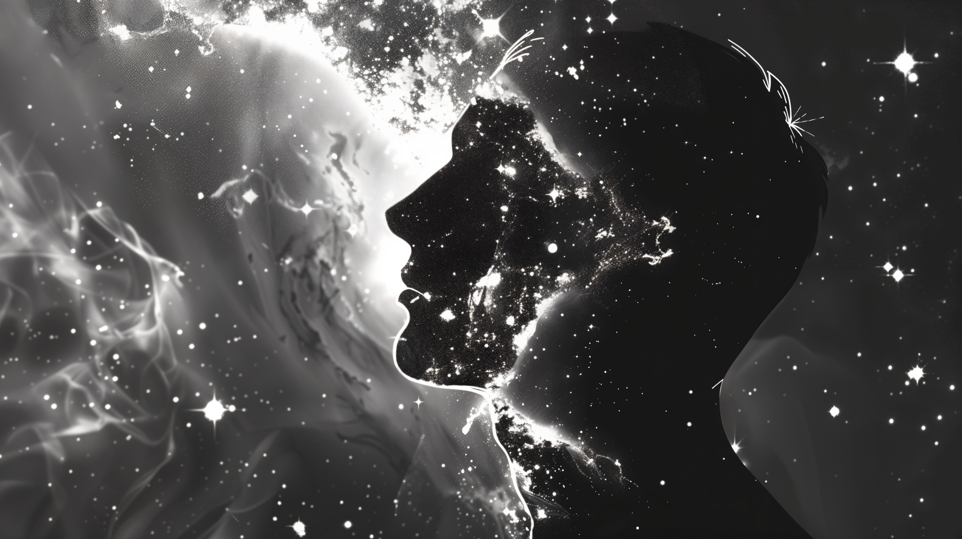 A striking 4K Ultra HD image depicting a silhouette of a man against a cosmic background, symbolizing the connection between humanity and the soul amidst a starry universe.