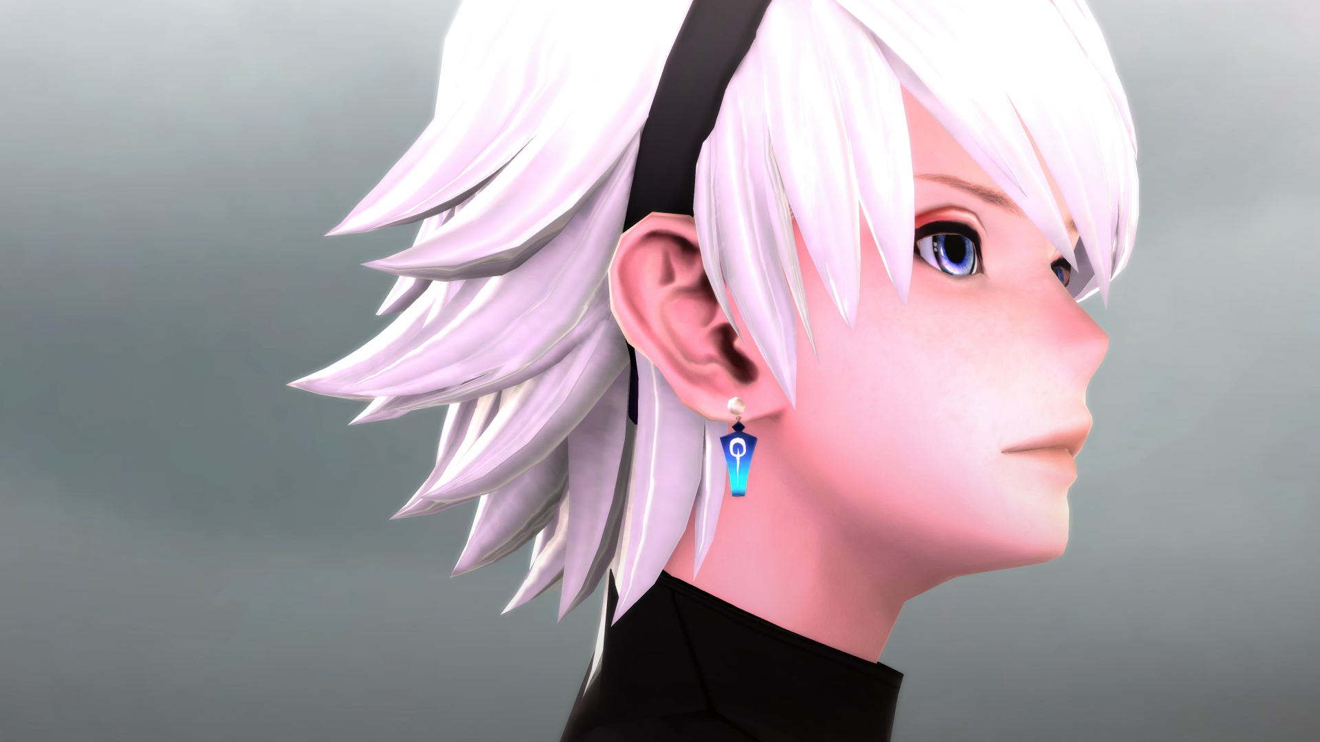 A character from the video game FANTASIAN Neo Dimension, featuring a side profile with white hair and blue earrings, set against a soft gray background. 4K Ultra HD quality.