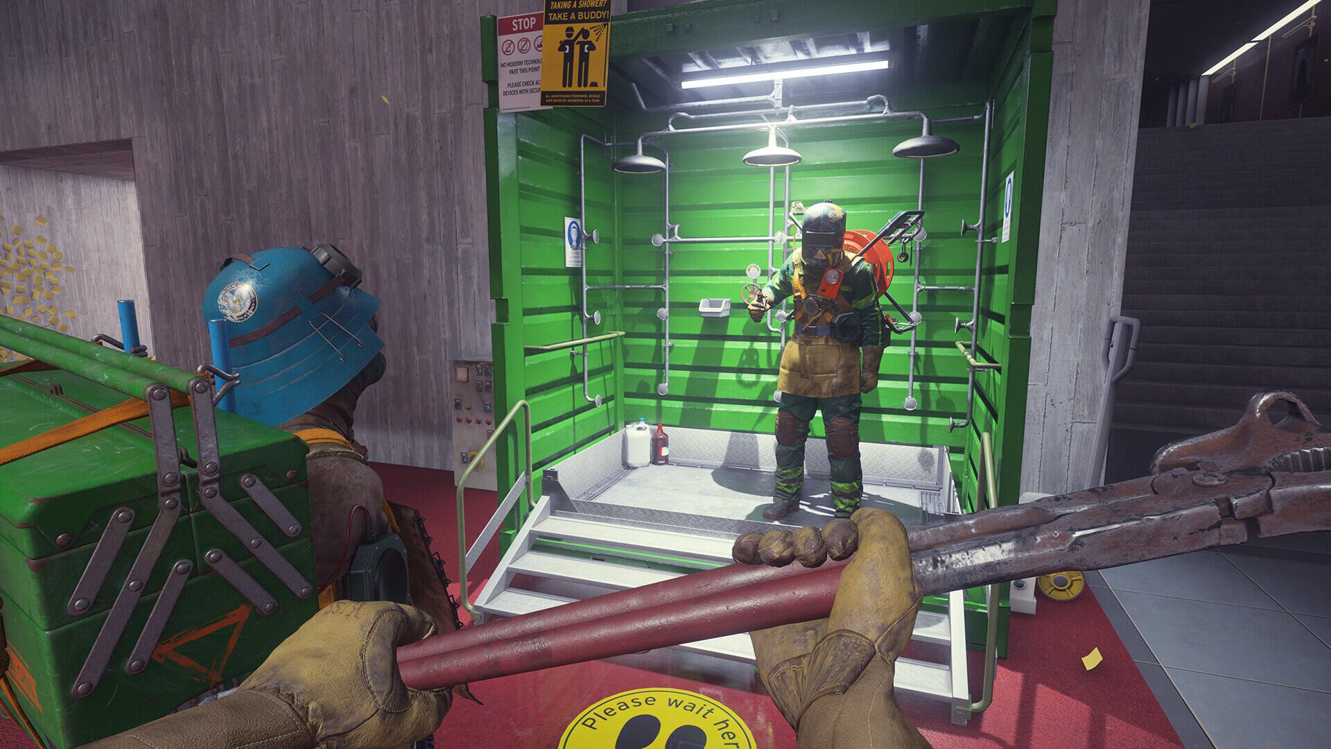 A dynamic scene from the video game FBC: Firebreak, featuring two characters in a vividly detailed environment, one standing in a green shower area and the other holding a weapon.