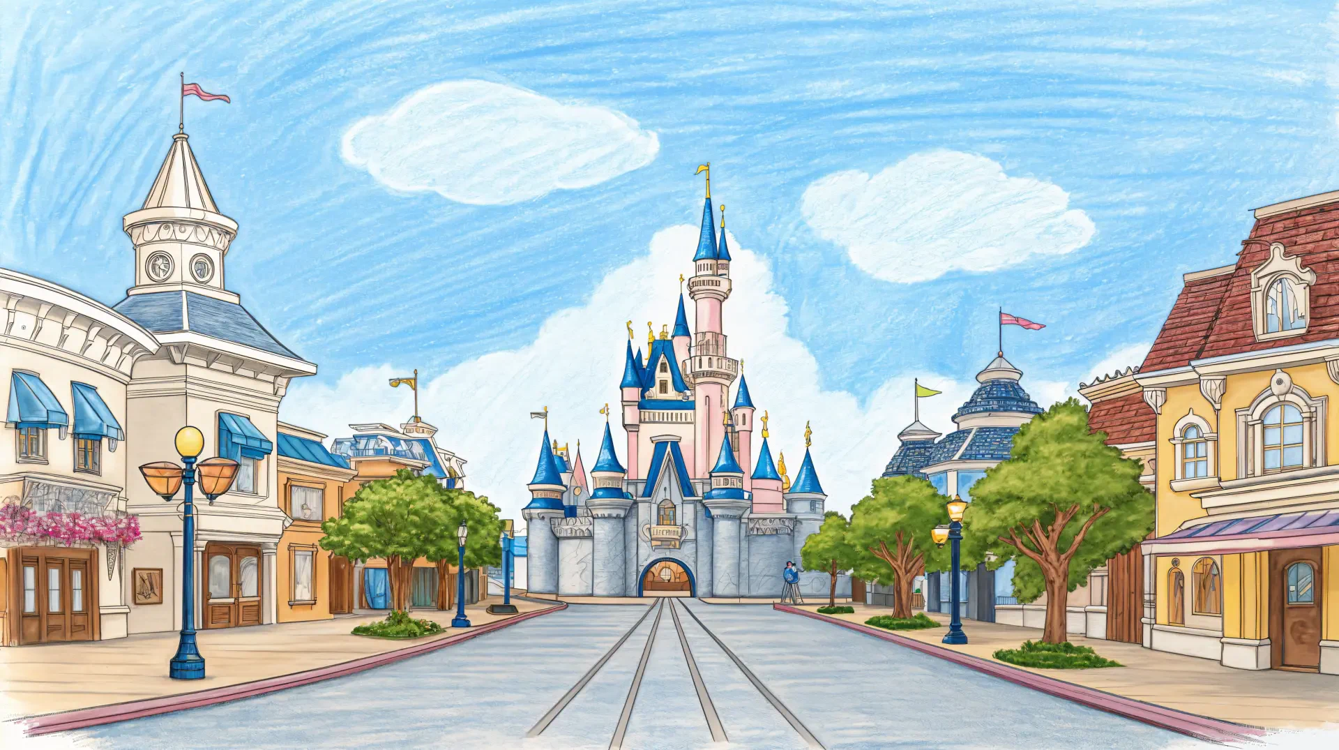 4K Ultra HD desktop wallpaper of Disneyland's iconic fantasy castle and surrounding theme park buildings under a bright blue sky.