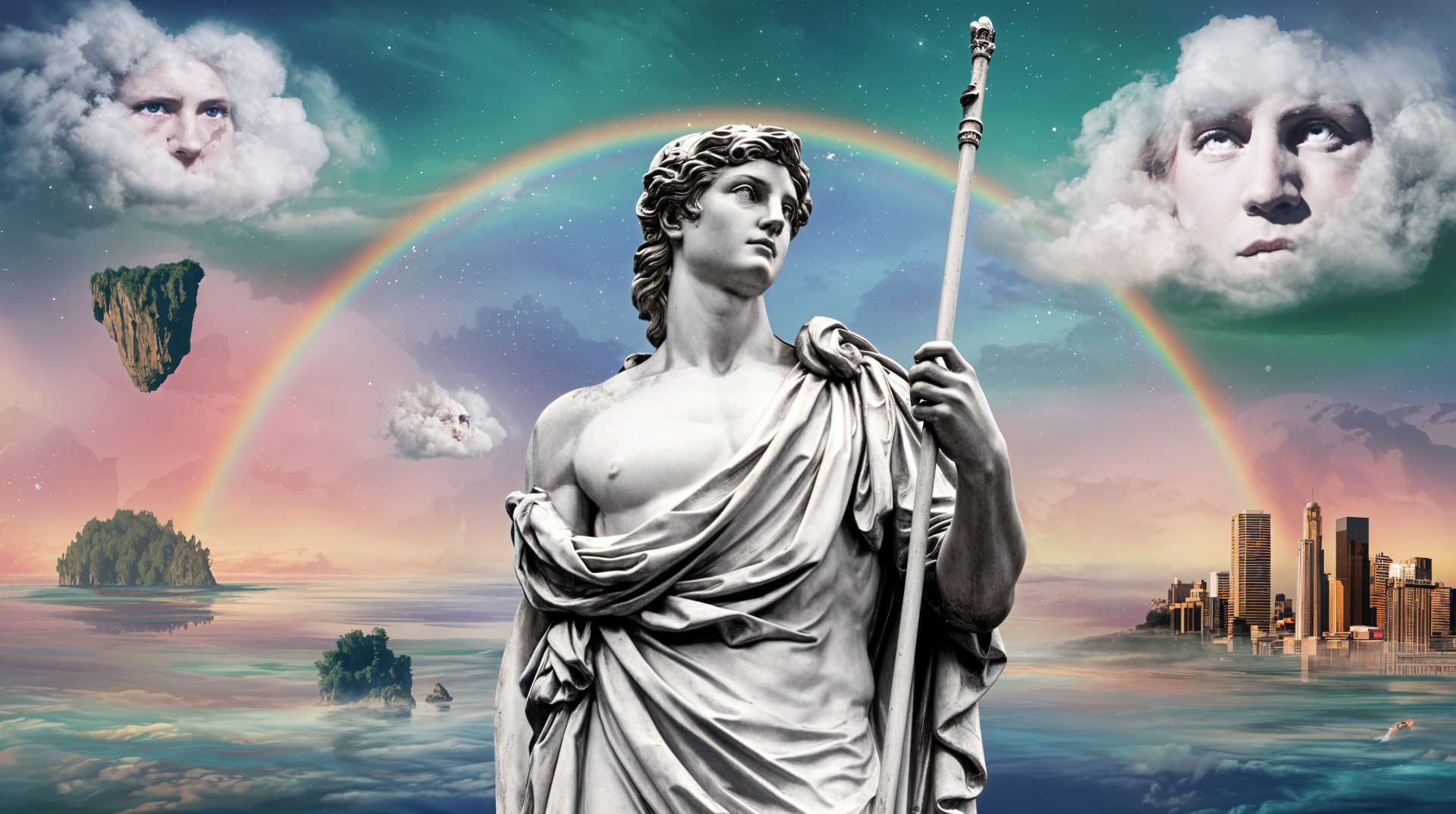 A striking Greek statue stands prominently, holding a staff, surrounded by a vibrant sky with clouds and a rainbow, set against a surreal landscape. A stunning 4K Ultra HD wallpaper.