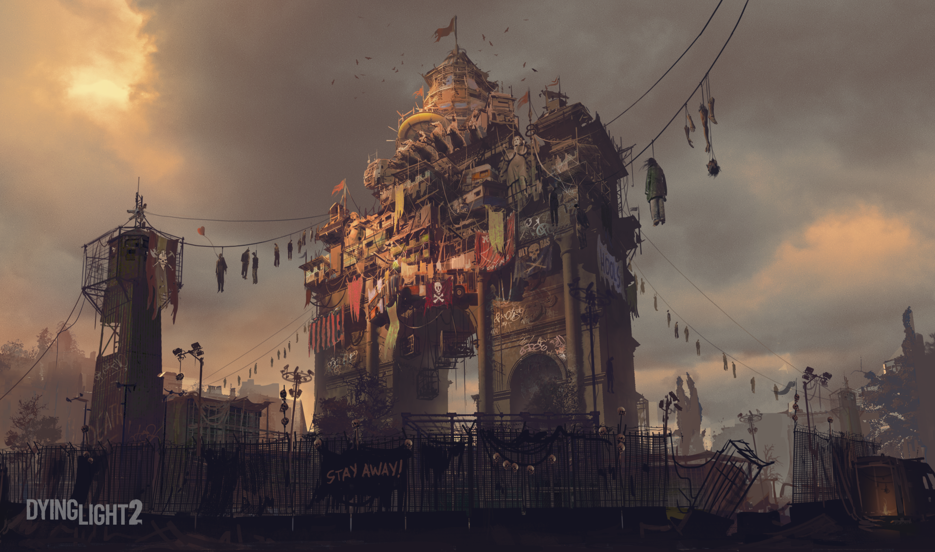 A haunting scene from Dying Light 2: Stay Human, featuring a dilapidated structure adorned with tattered flags and ominous clouds, creating a striking HD wallpaper for fans of the game.