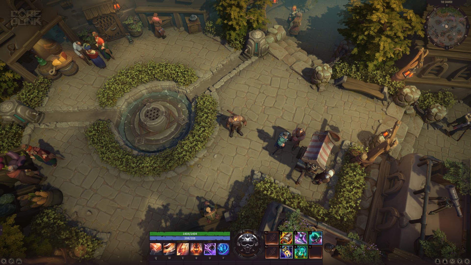 A vibrant 4K Ultra HD wallpaper featuring a scene from Corepunk, showcasing detailed surroundings with characters, a fountain, and market stalls, set in a futuristic world.