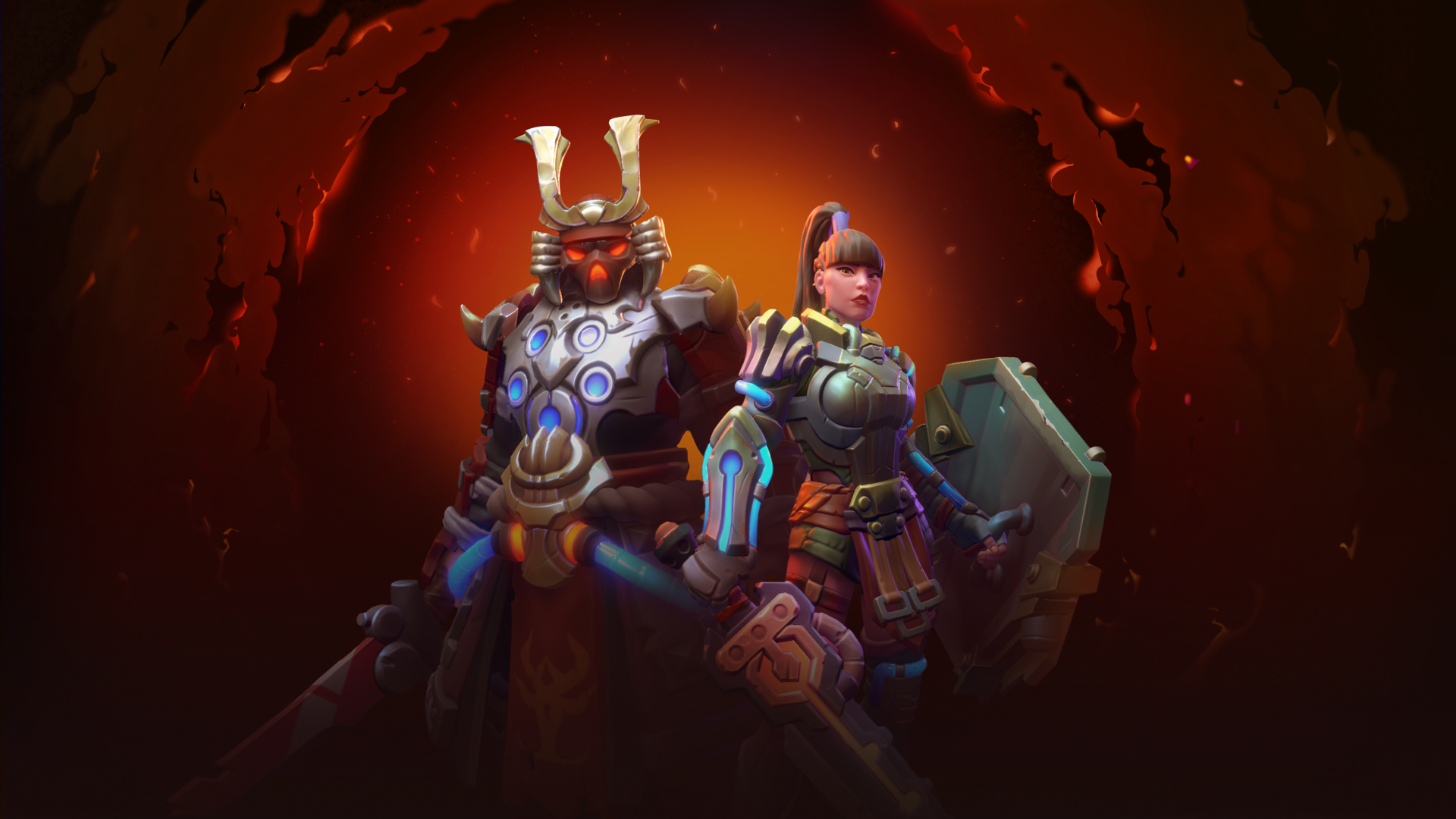 A striking HD wallpaper featuring cyberpunk samurai characters from Corepunk, set against a dramatic red and black backdrop.