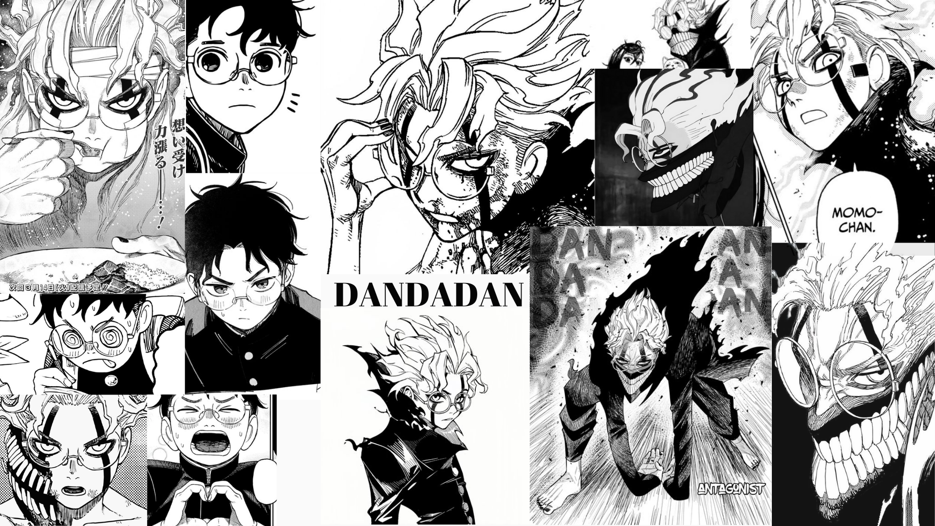 A HD PC desktop wallpaper featuring black-and-white manga panels from the anime Dandadan, showcasing characters with intense expressions and dynamic poses in Ken Takakura’s art style.