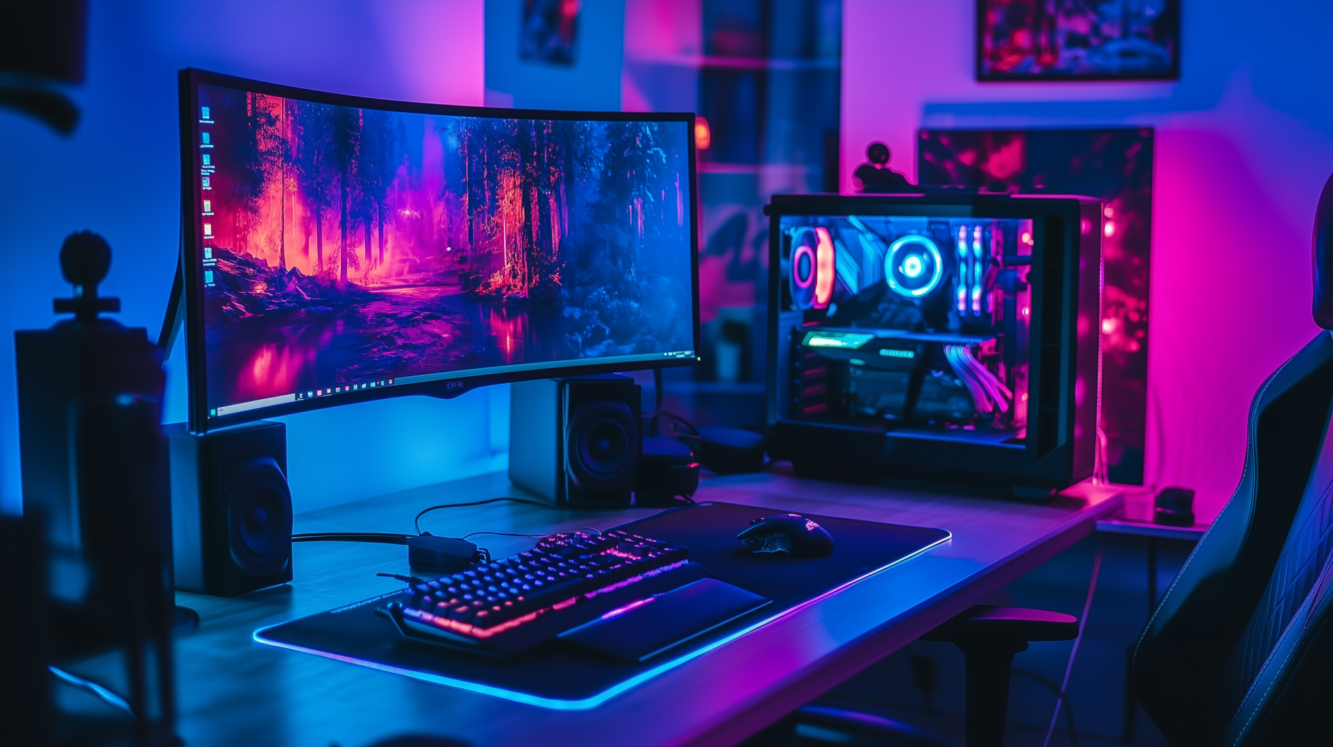 Aesthetic gaming setup featuring an HD PC desktop wallpaper, a curved monitor displaying vibrant scenery, and a sleek gaming tower illuminated with colorful RGB lighting.