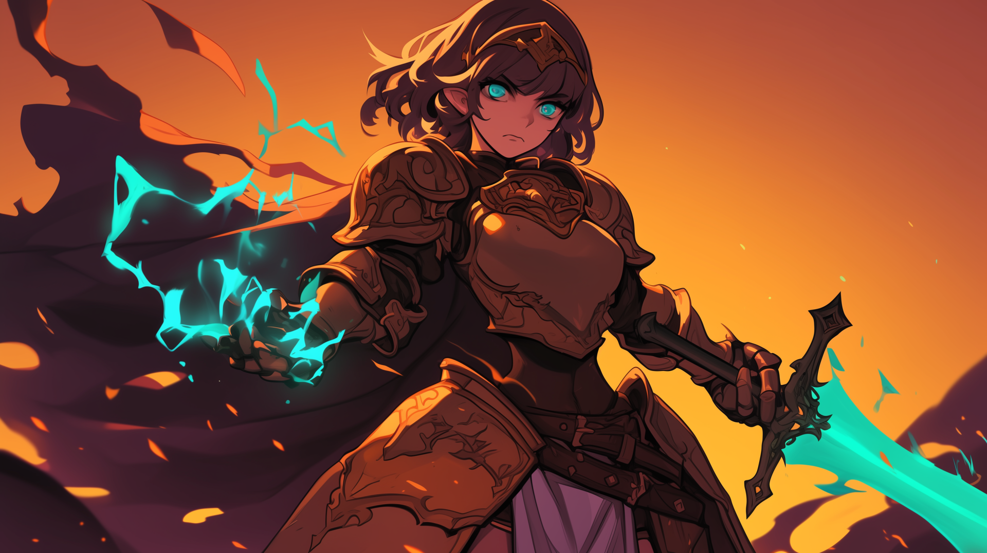 A fierce anime cleric knight wielding a glowing sword, surrounded by a dramatic orange background, creates a captivating HD wallpaper for desktop use.