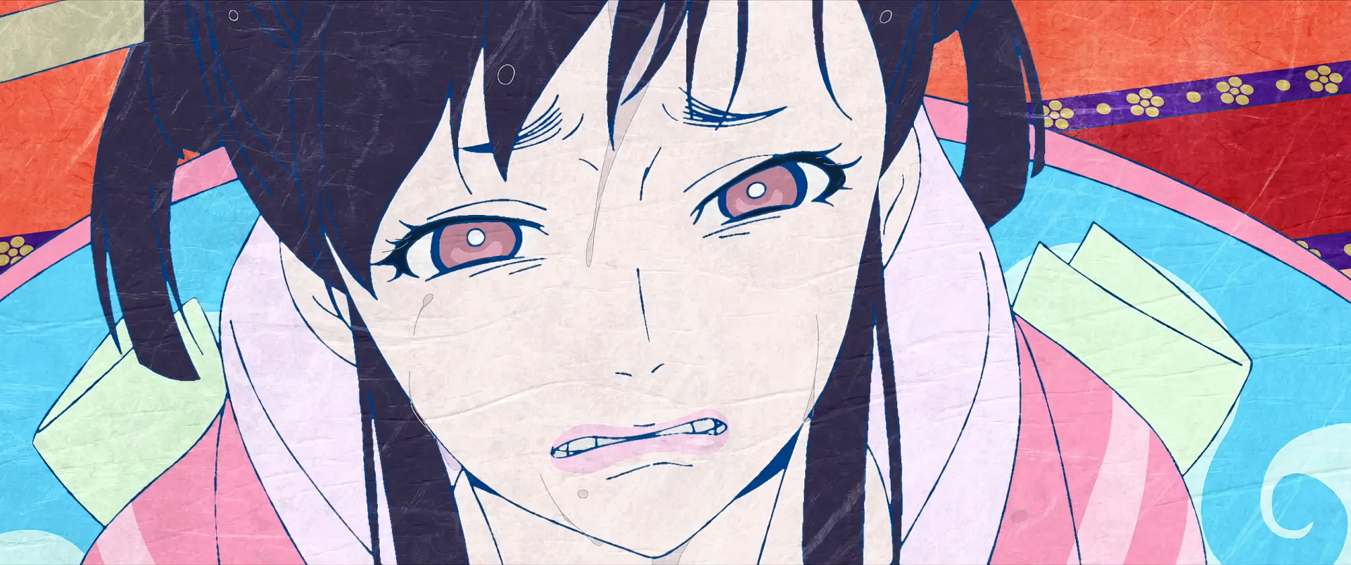 Close-up of a distressed character from the movie Mononoke The Movie: Phantom In The Rain, featured as an HD PC desktop wallpaper and background.
