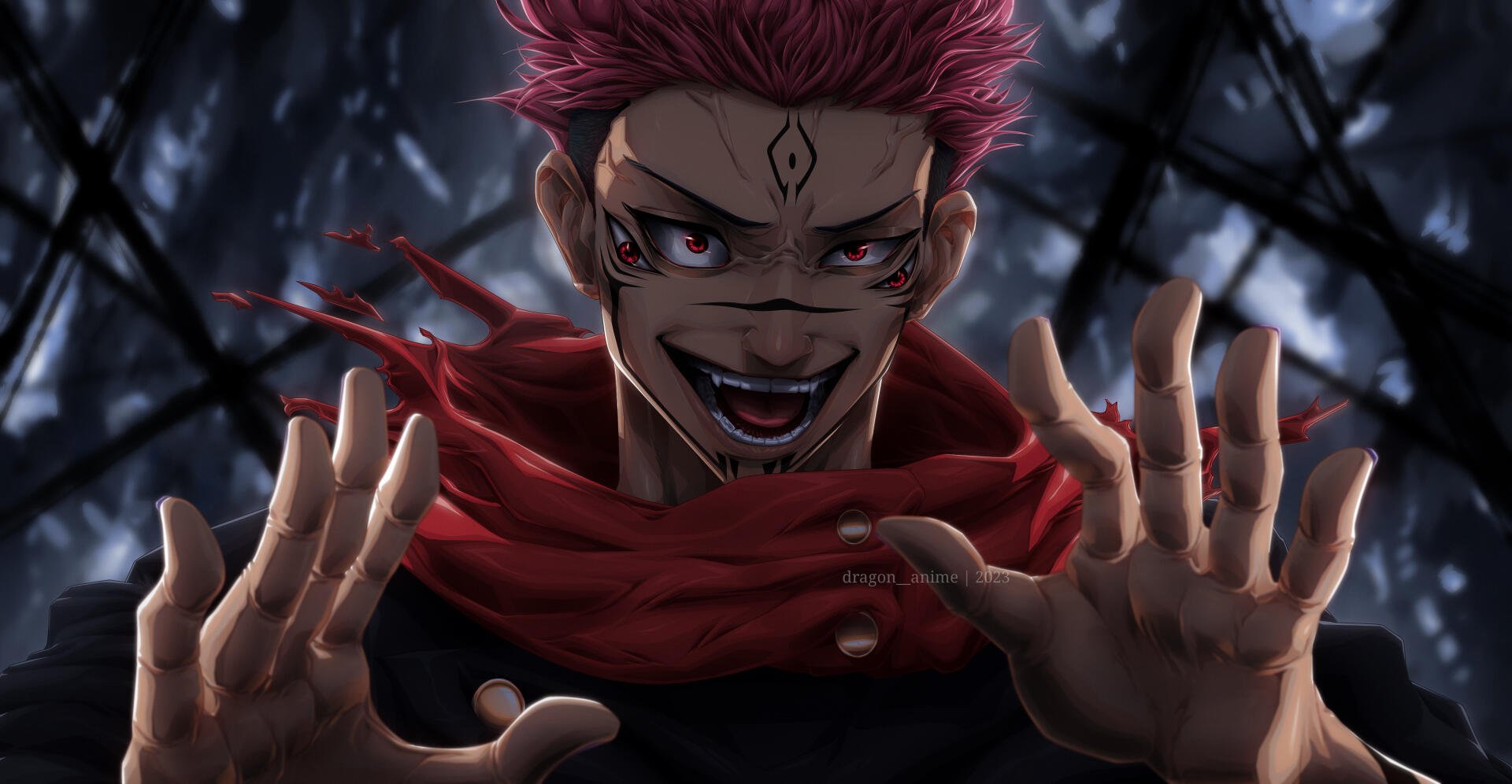 HD PC desktop wallpaper featuring Sukuna from Jujutsu Kaisen with a menacing expression and dark, intense background.