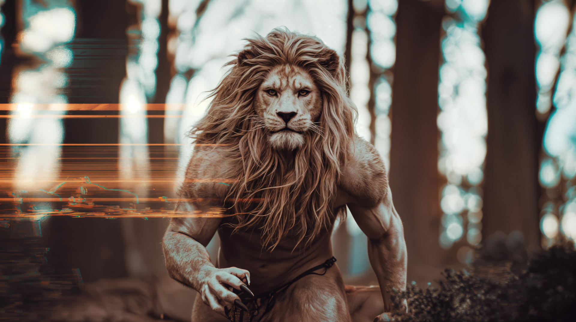 A powerful Ifrit, depicted as a muscular lion with a majestic mane, strides confidently through a forest in this stunning 4K Ultra HD desktop wallpaper.