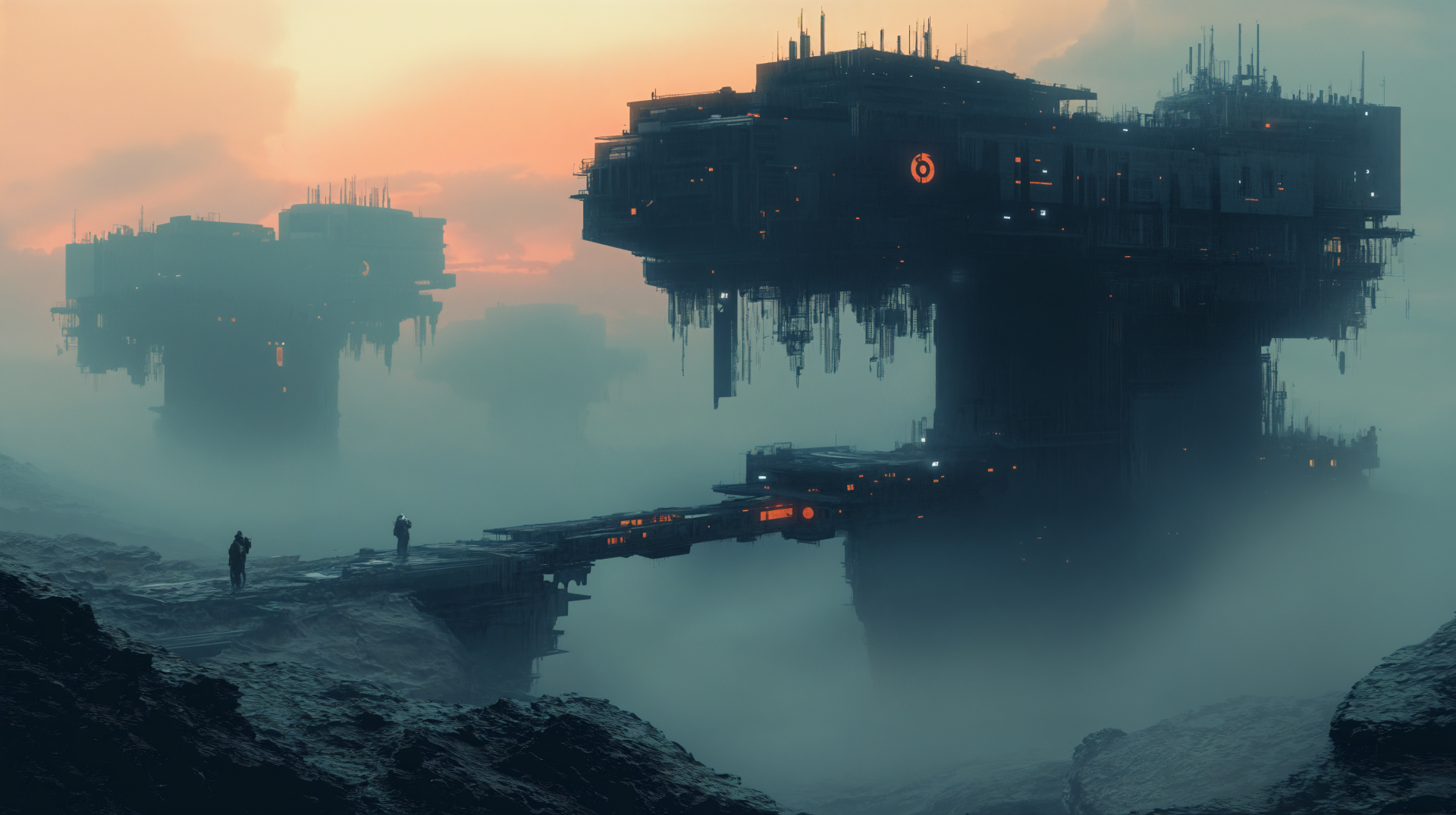 A 4K Ultra HD sci-fi wallpaper depicting a misty, dystopian futuristic landscape with massive industrial structures hovering above the ground.