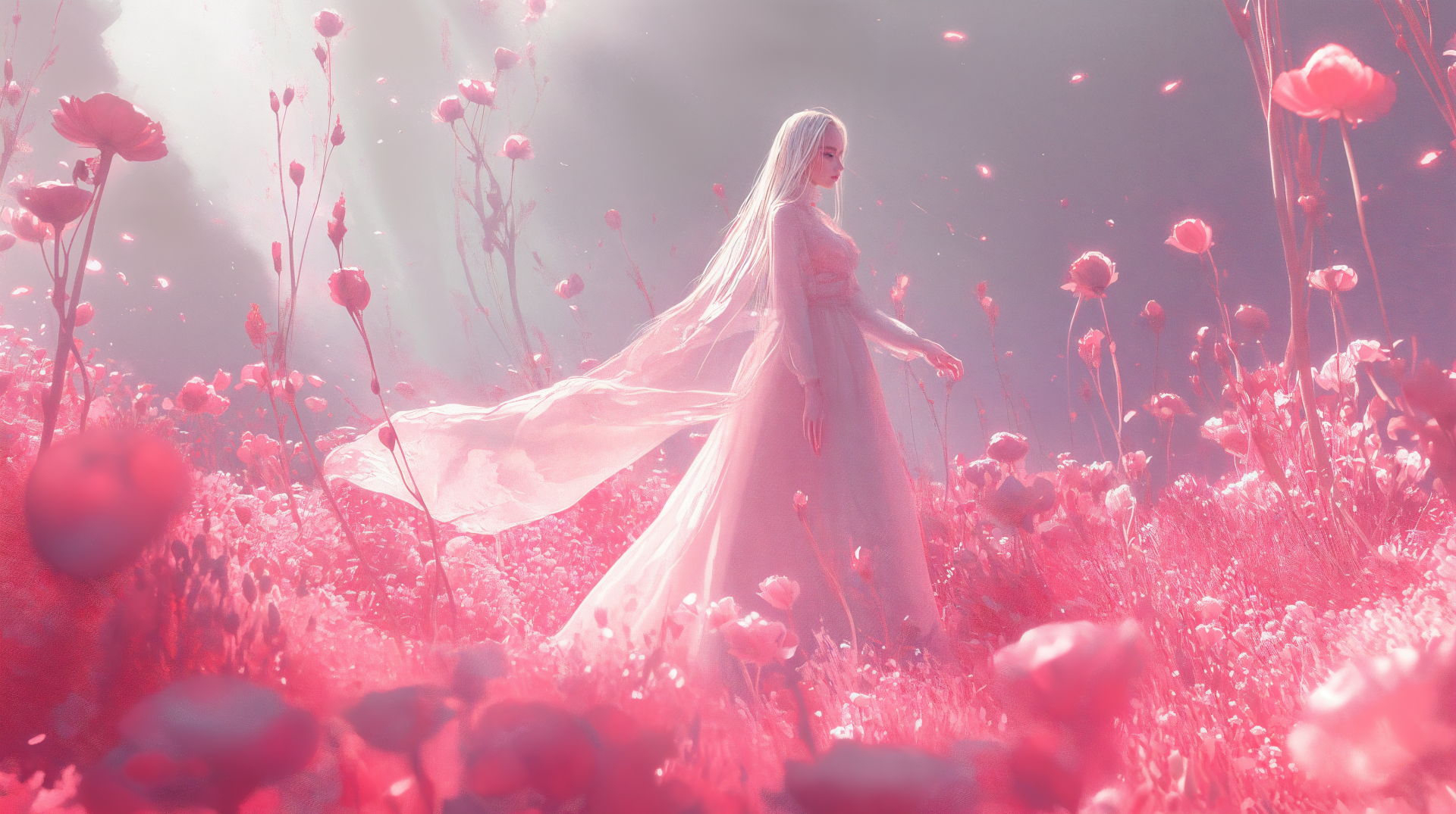 A serene fairycore scene featuring a figure in a flowing gown surrounded by vibrant pink flowers, evoking a magical fantasy atmosphere. 4K Ultra HD desktop wallpaper.