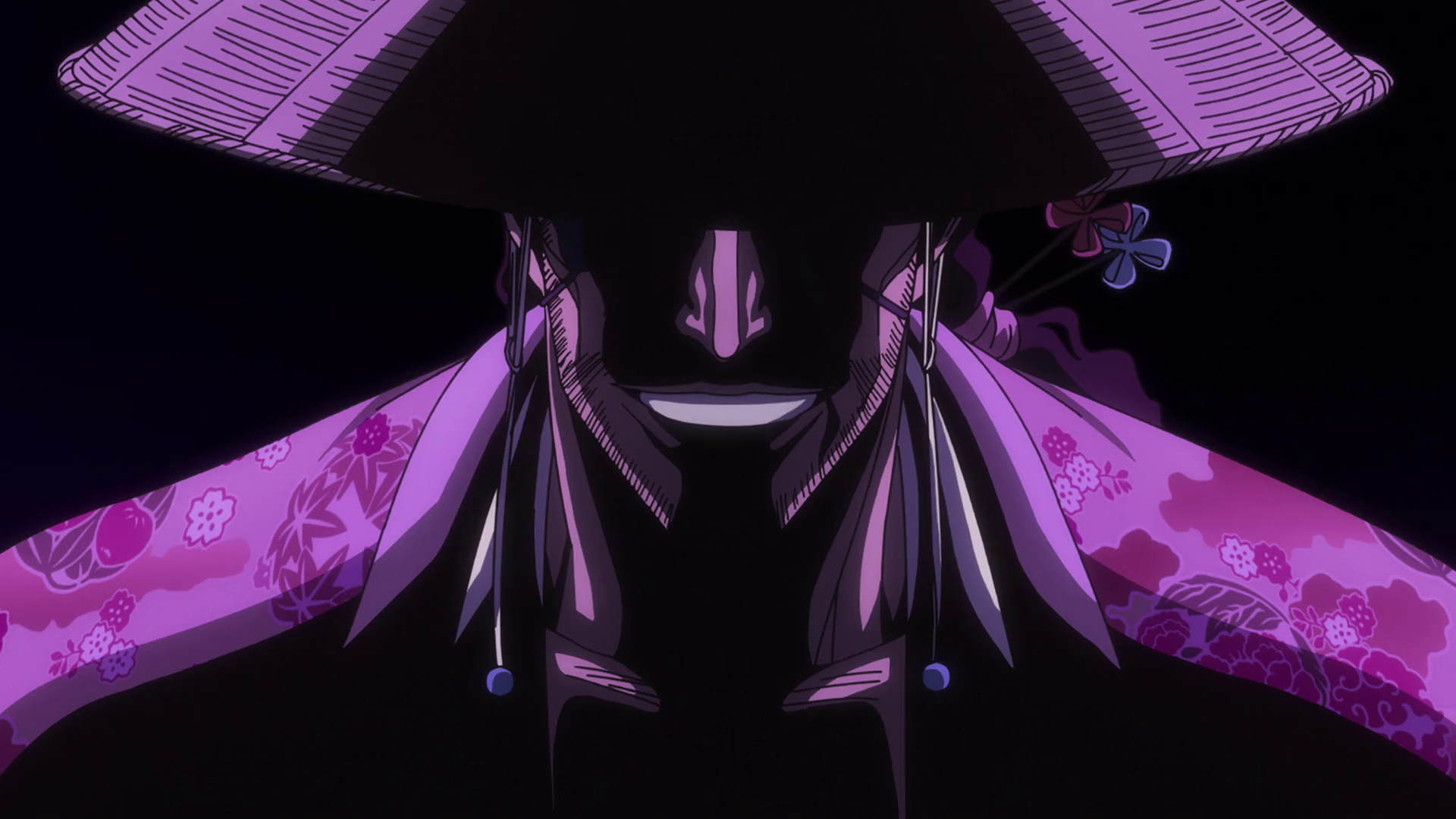 HD PC desktop wallpaper of Shunsui Kyōraku from Bleach: Thousand-Year Blood War, featuring his silhouette with a large traditional hat and floral-patterned sleeves.