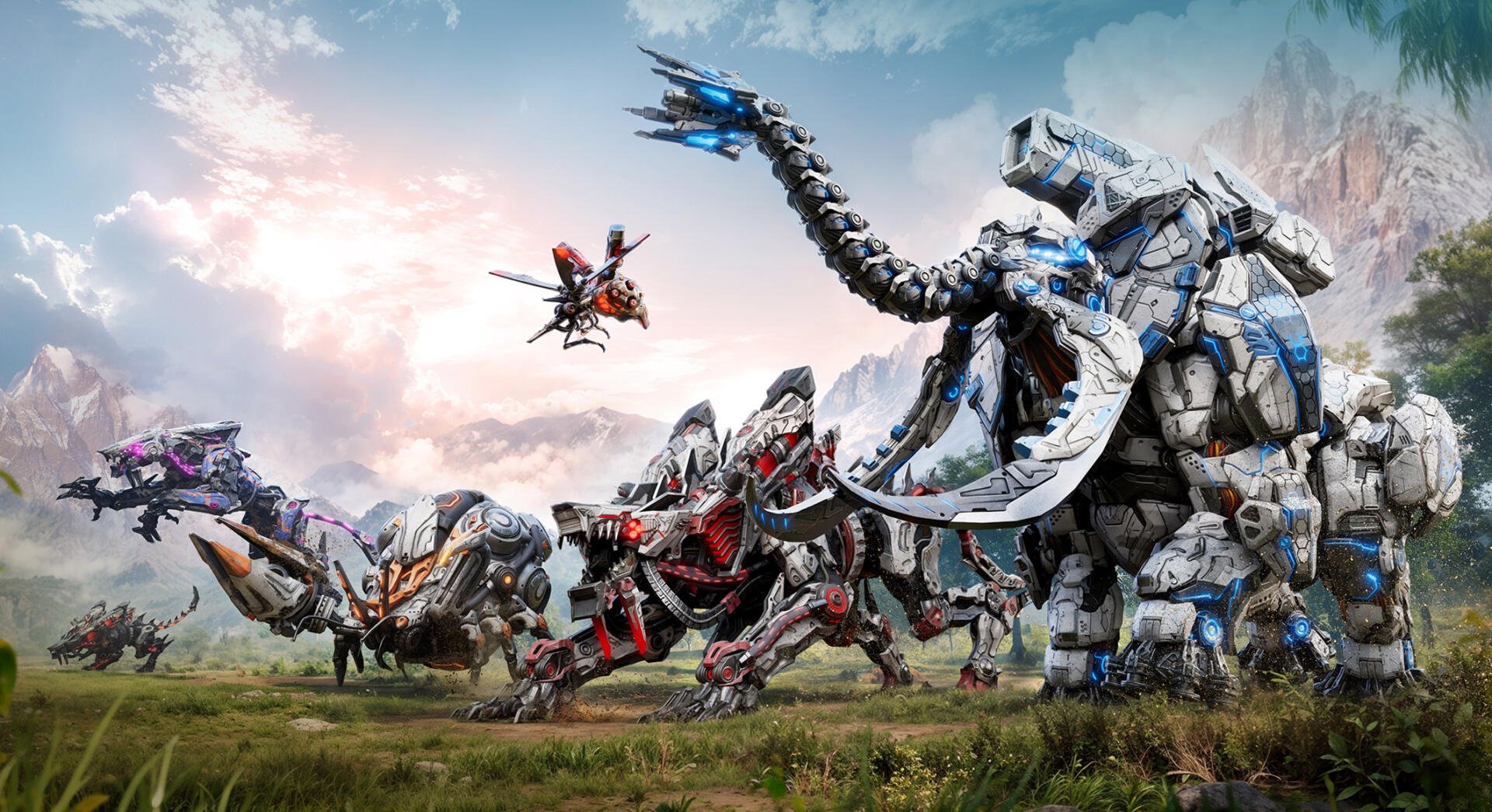 A vibrant HD wallpaper from the video game Light of Motiram, featuring formidable mechs in a breathtaking landscape, showcasing a blend of technology and nature.