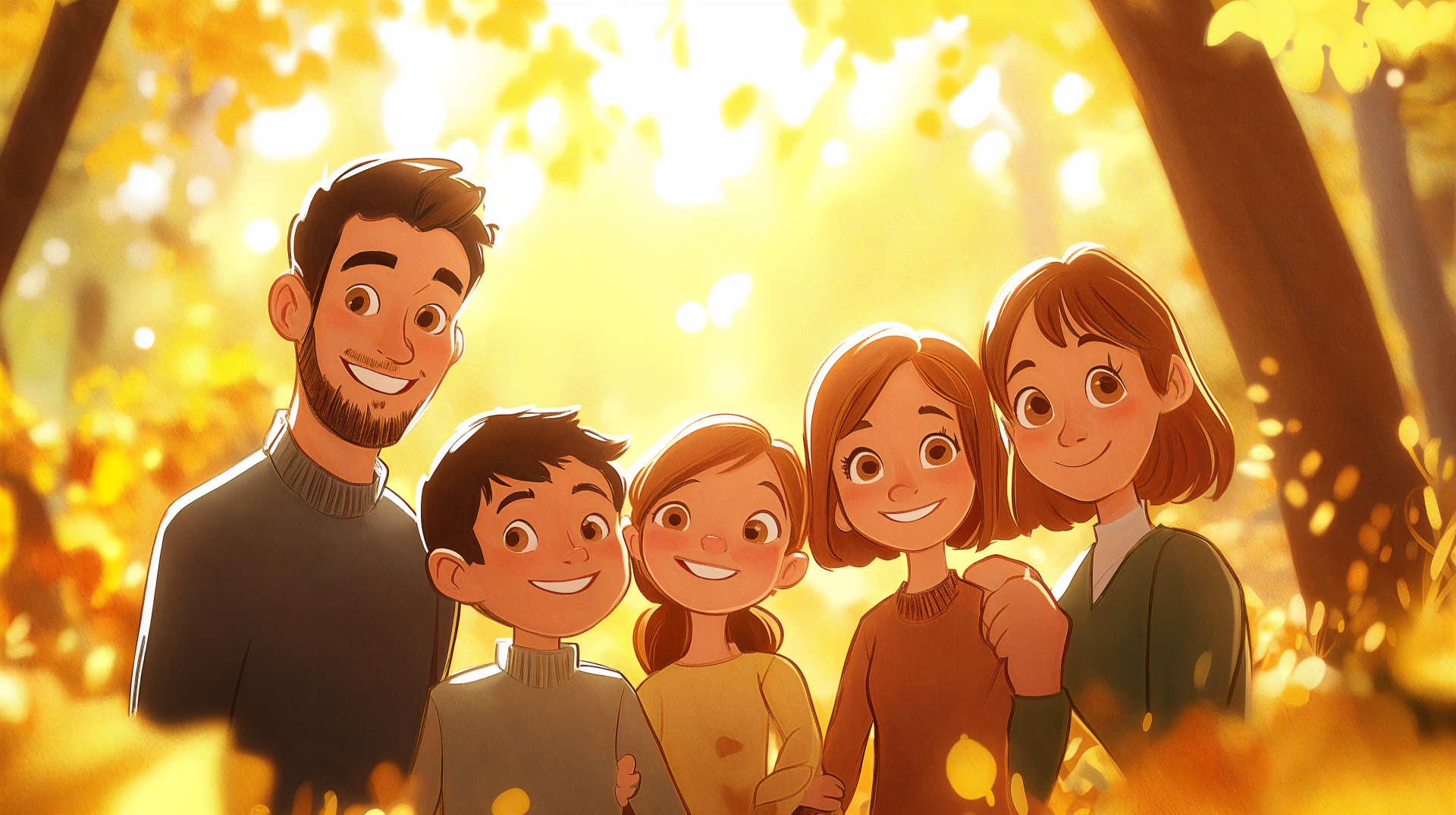 A happy family stands together in a sunlit outdoor setting, surrounded by colorful autumn leaves. This vibrant image serves as a cheerful 4K Ultra HD desktop wallpaper.