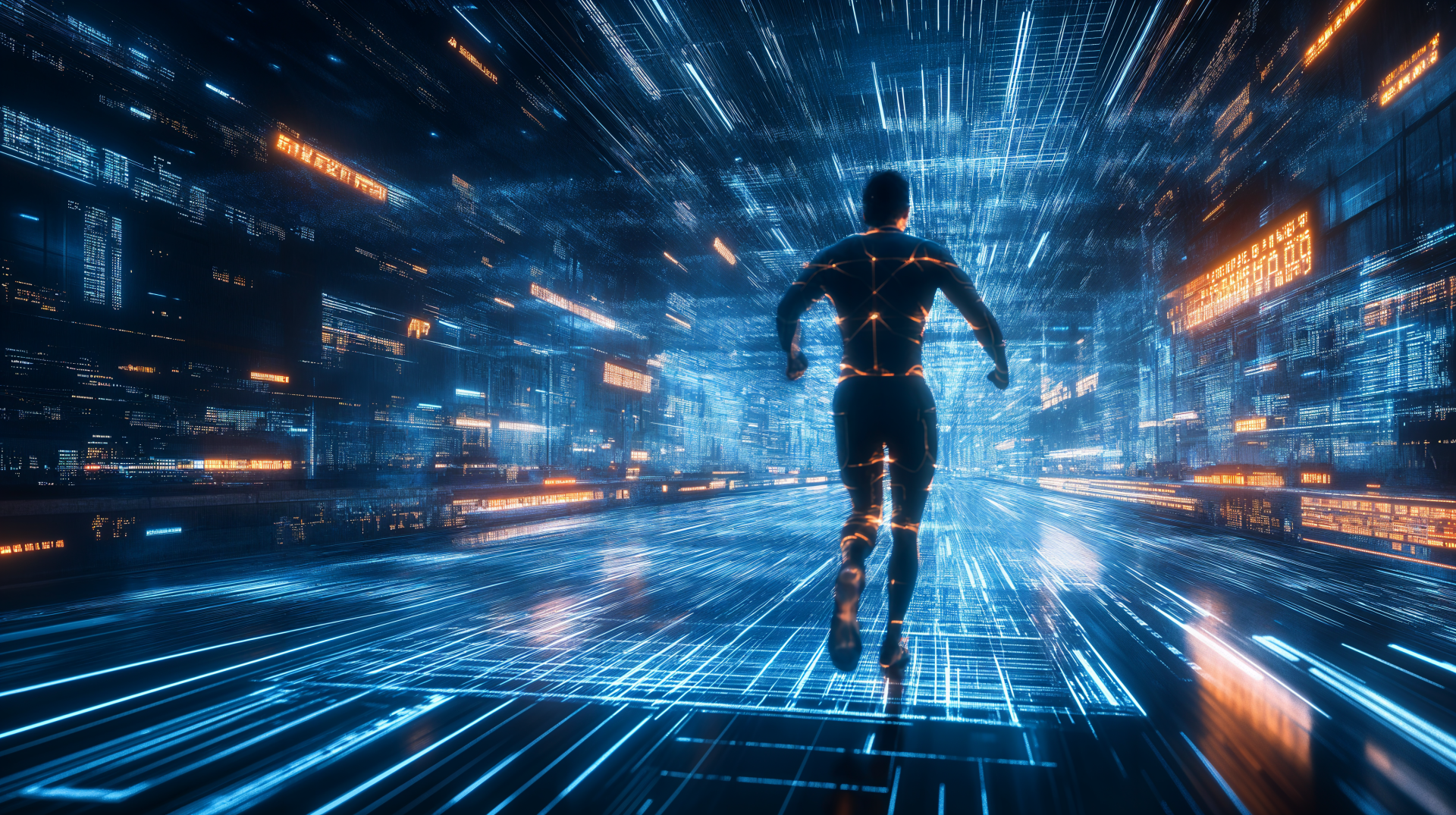A dynamic sci-fi scene featuring a data runner sprinting through a vibrant, futuristic landscape of illuminated digital pathways, captured in stunning 4K Ultra HD resolution.