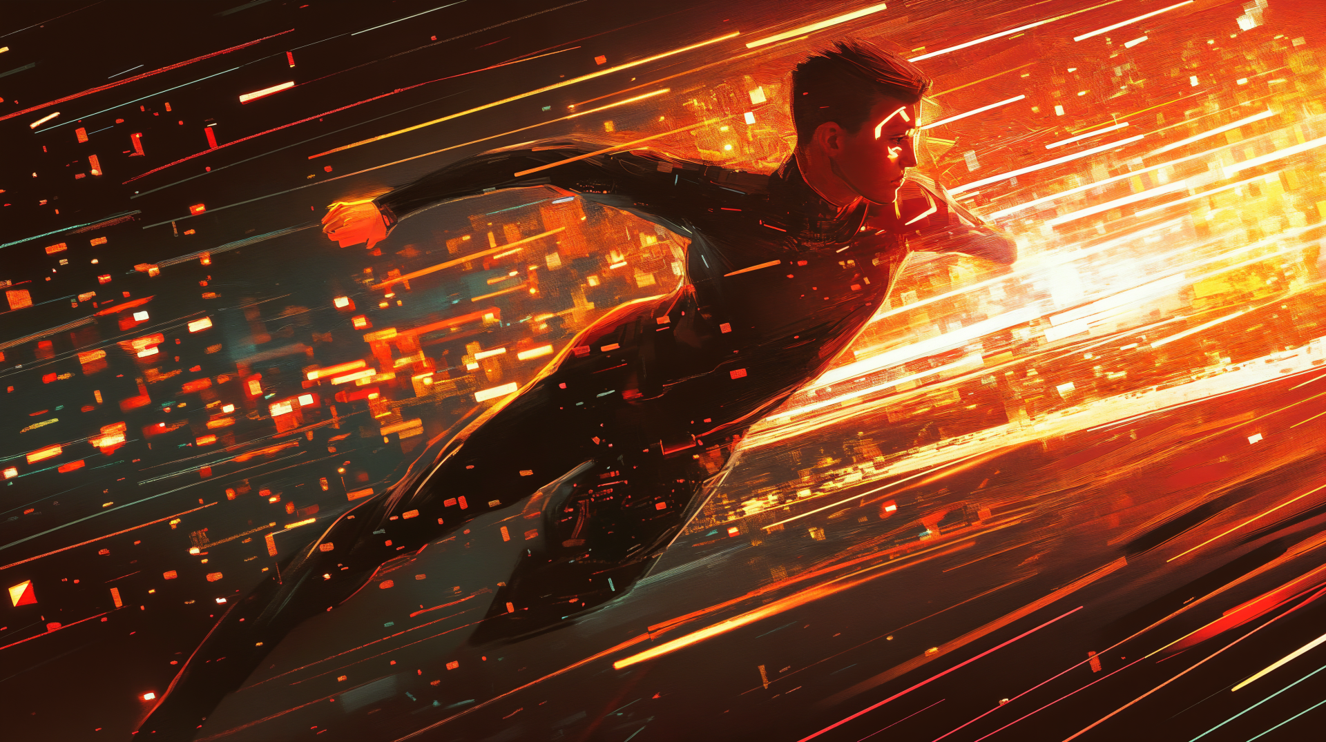 Dynamic sci-fi data runner superhero in motion, streaking through a digital landscape in stunning 4K Ultra HD PC desktop wallpaper quality.