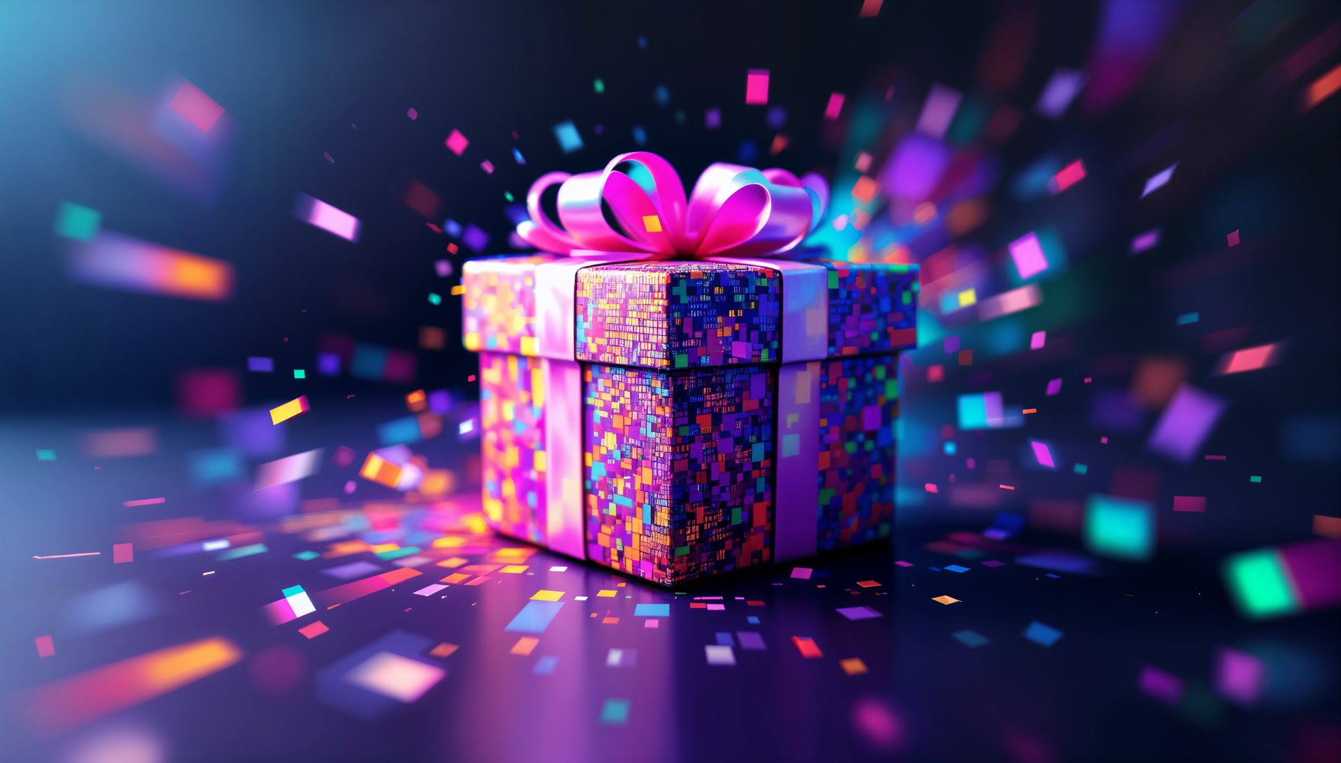 A vibrant gift box with a pink ribbon surrounded by colorful confetti, set against a dark background, creating a festive and celebratory atmosphere. 4K Ultra HD wallpaper.