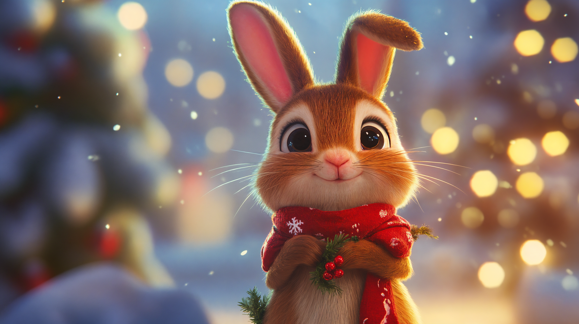 A cute bunny in a red scarf stands against a festive, snowy background with soft bokeh lights, creating a charming Christmas atmosphere. This image is a 4K Ultra HD desktop wallpaper.