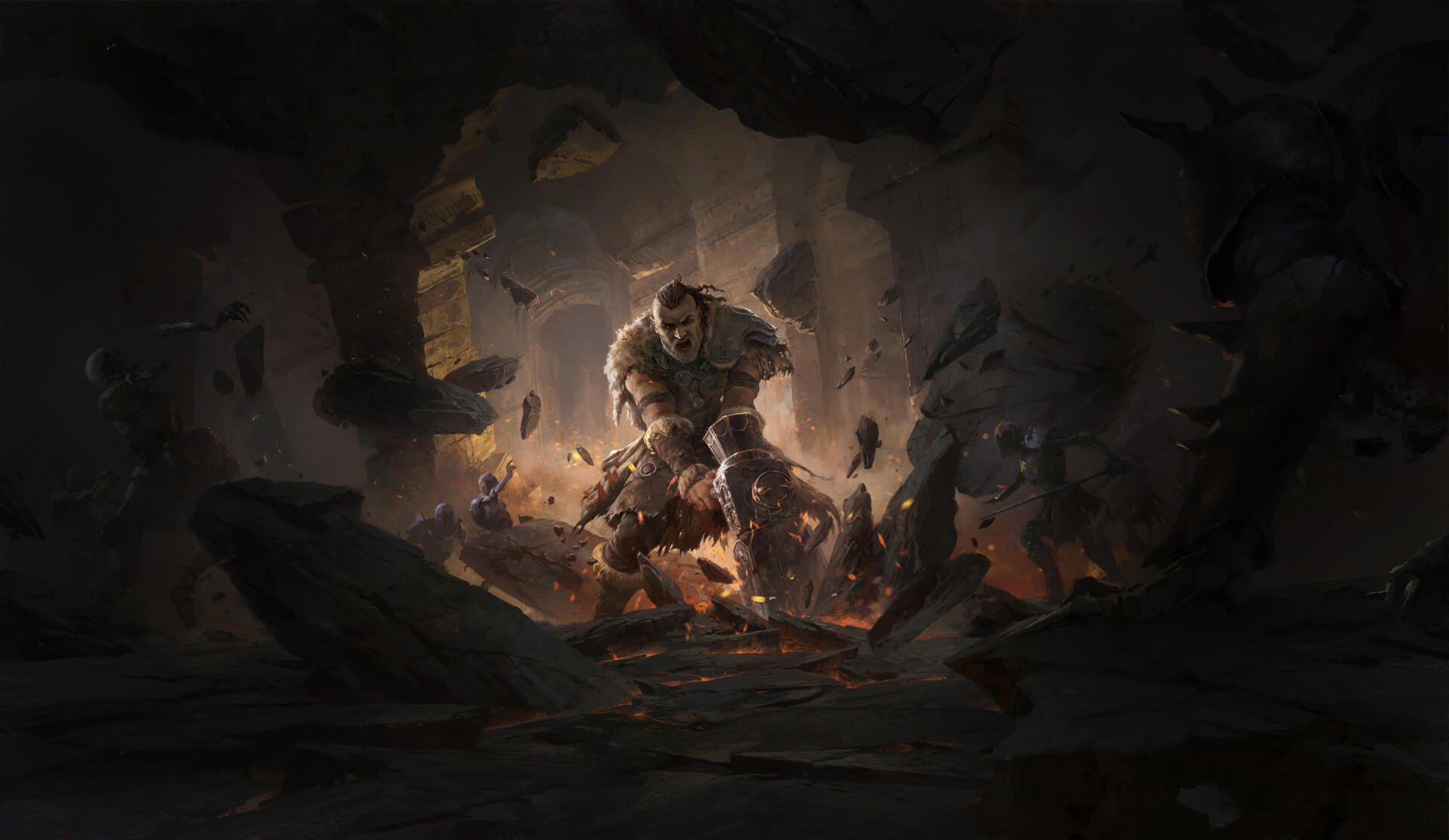 A dramatic scene from Path of Exile 2 features a viking character emerging from shadows amidst debris, showcasing intense action and stunning 8K Ultra HD graphics.